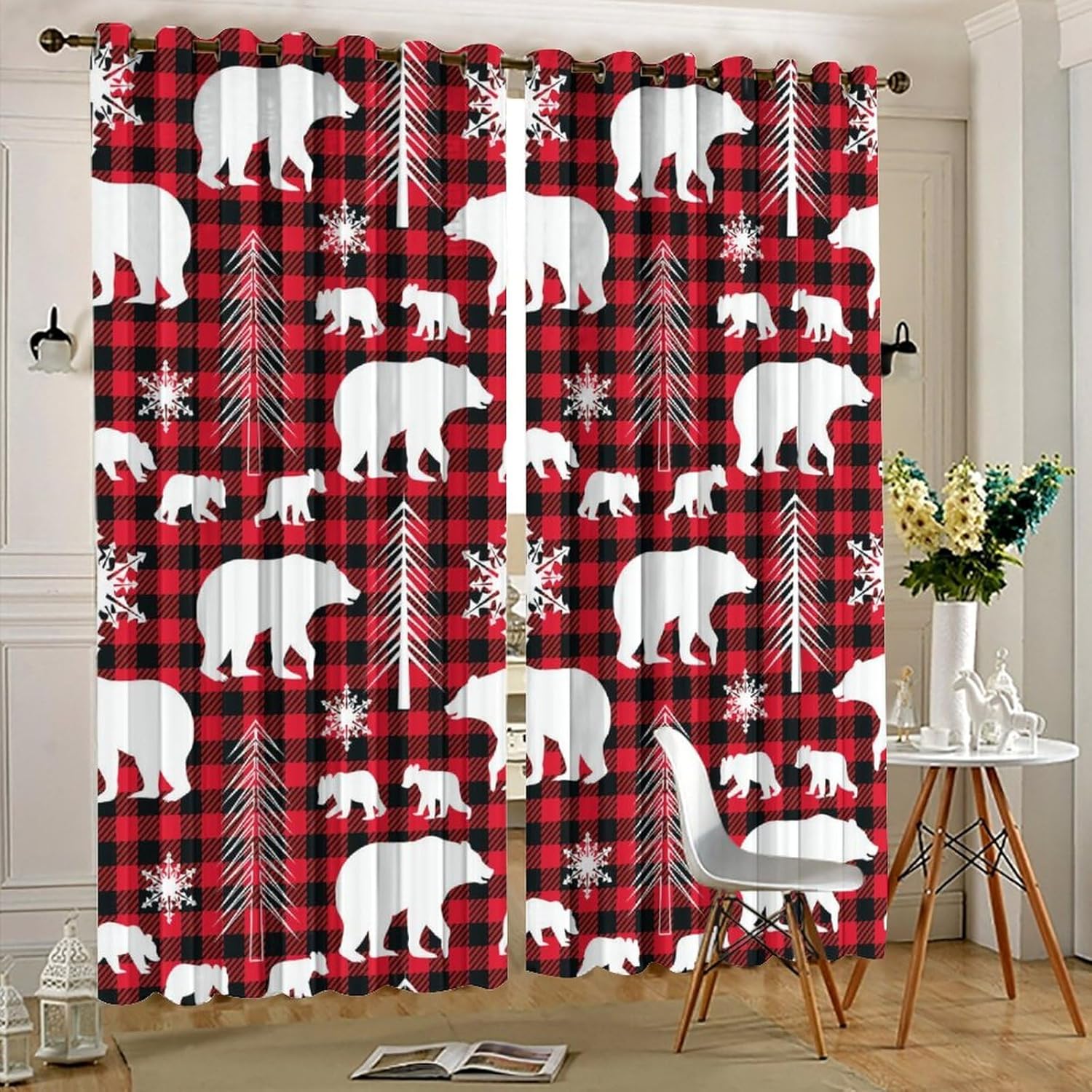 Rustic Christmas Woodland Wildlife Curtains,Cabin Winter Forest Snowflakes Tree Bear Buffalo Plaid Window Drapes Thermal Insulated Grommet Top Blackout Drapes for Bedroom 63L x 21W,2 Panels