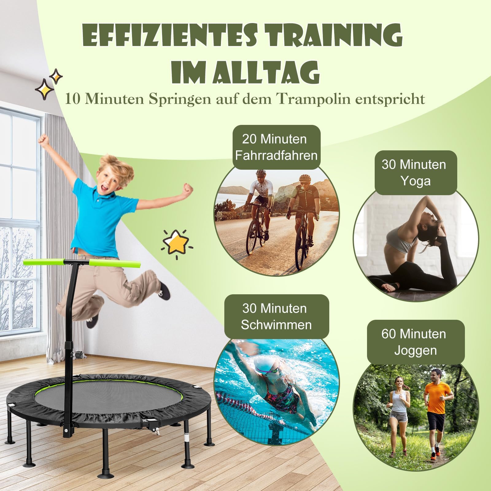 COSTWAY φ117cm Mini Trampolin faltbar, Fitness Trampolin mit höhenverstellbarem Griff, Kindertrampolin Gartentrampolin Indoor- und Outdoor für Erwachsene und Kinder, 100 kg Belastbar