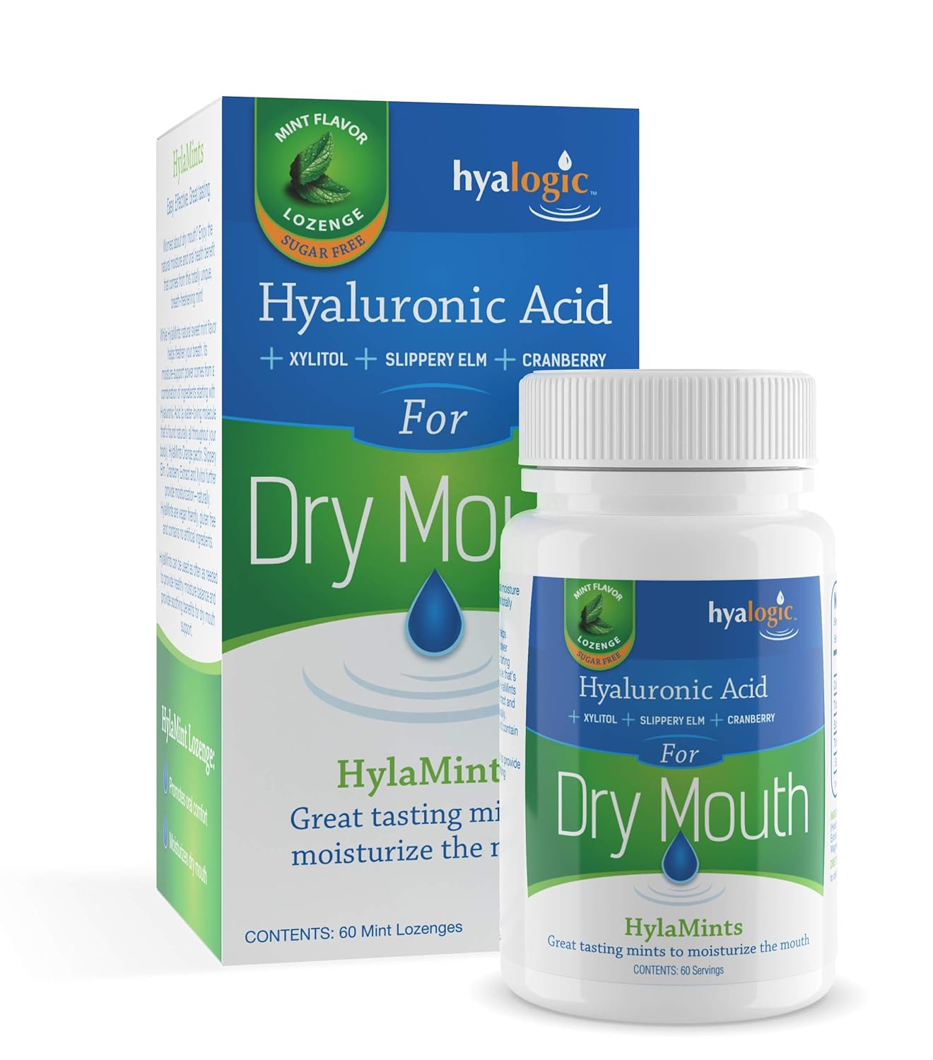 Bolsinhas de HyaMints da Hyalogic para Boca Seca - Sem Açúcar, Sabor Menta Natural - Refrescante com Ácido Hialurônico, Extrato de Cranberry, Xilitol, Emoliente Escorregadio, Pectina de Laranja (60 Contagem)