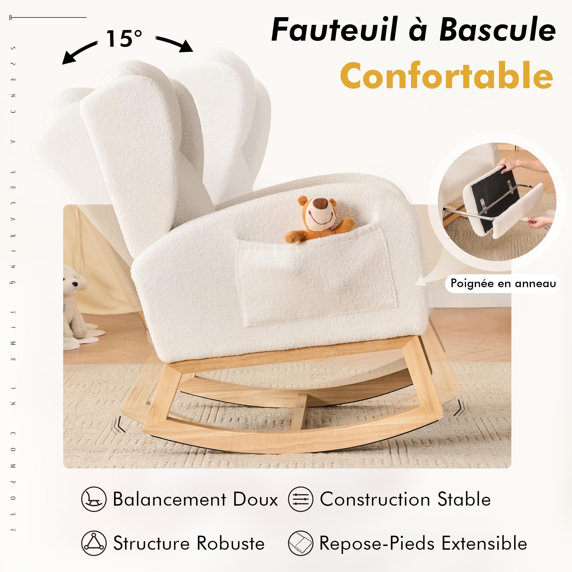 DEKKETO Fauteuil à Bascule avec Repose-Pieds - Rocking Chair Allaitement à Dossier Haut et Poche, Chaise a Bascule à Oreilles en Bouclette, pour Salon, Chambre Bebe, Blanc