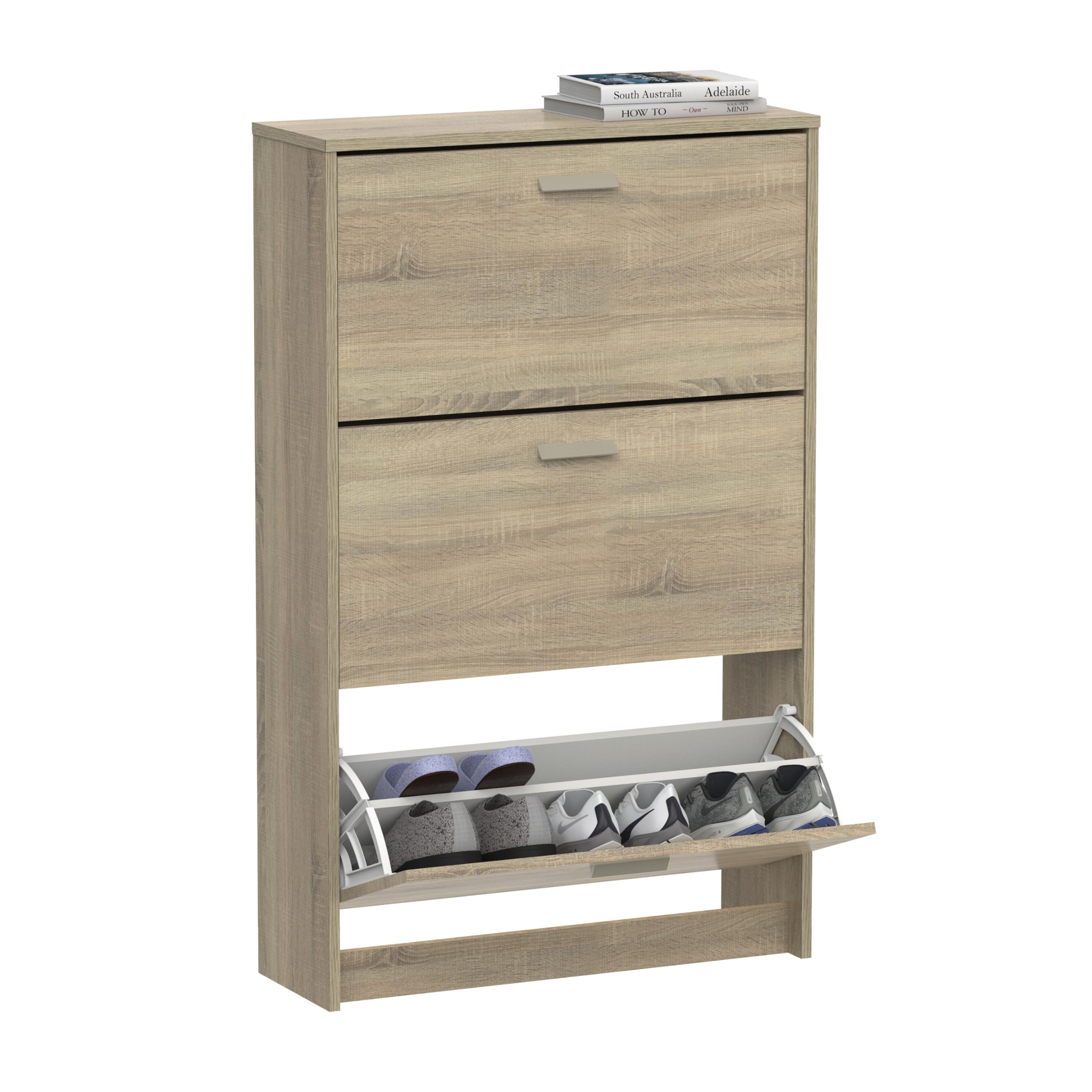 Muebles Pitarch Cambrian (Tres Puertas) | Zapatero Recibidor Mueble Auxiliar Estrecho 3 Puertas Para Entrada Roble Cambrian, 18 Pares De Zapatos, 82X74x25cm, Colección Tibet