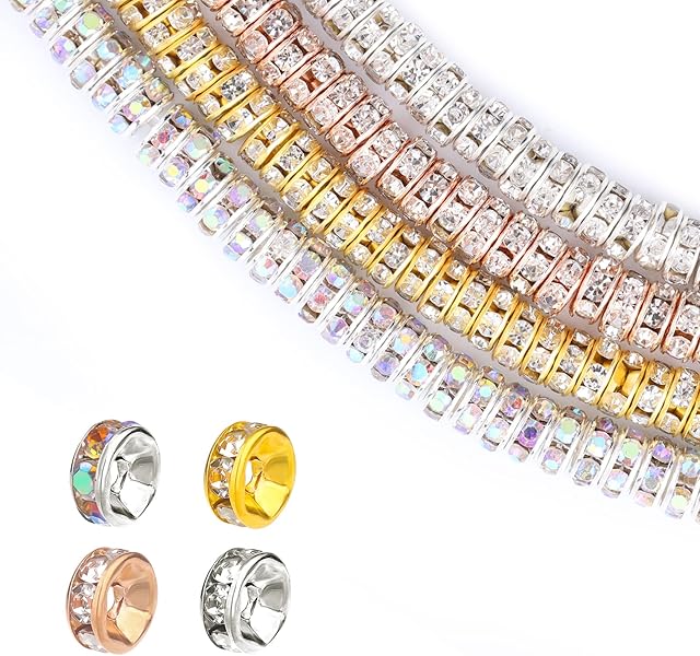 SAVITA 200Pcs 6mm Rondelle Beads Precious Stones Crystal Loose Round Spacer Beads for Bracelet Necklace Jewelry Making Decorations (Silver, Gold, Rose Gold, Laser Colorful)