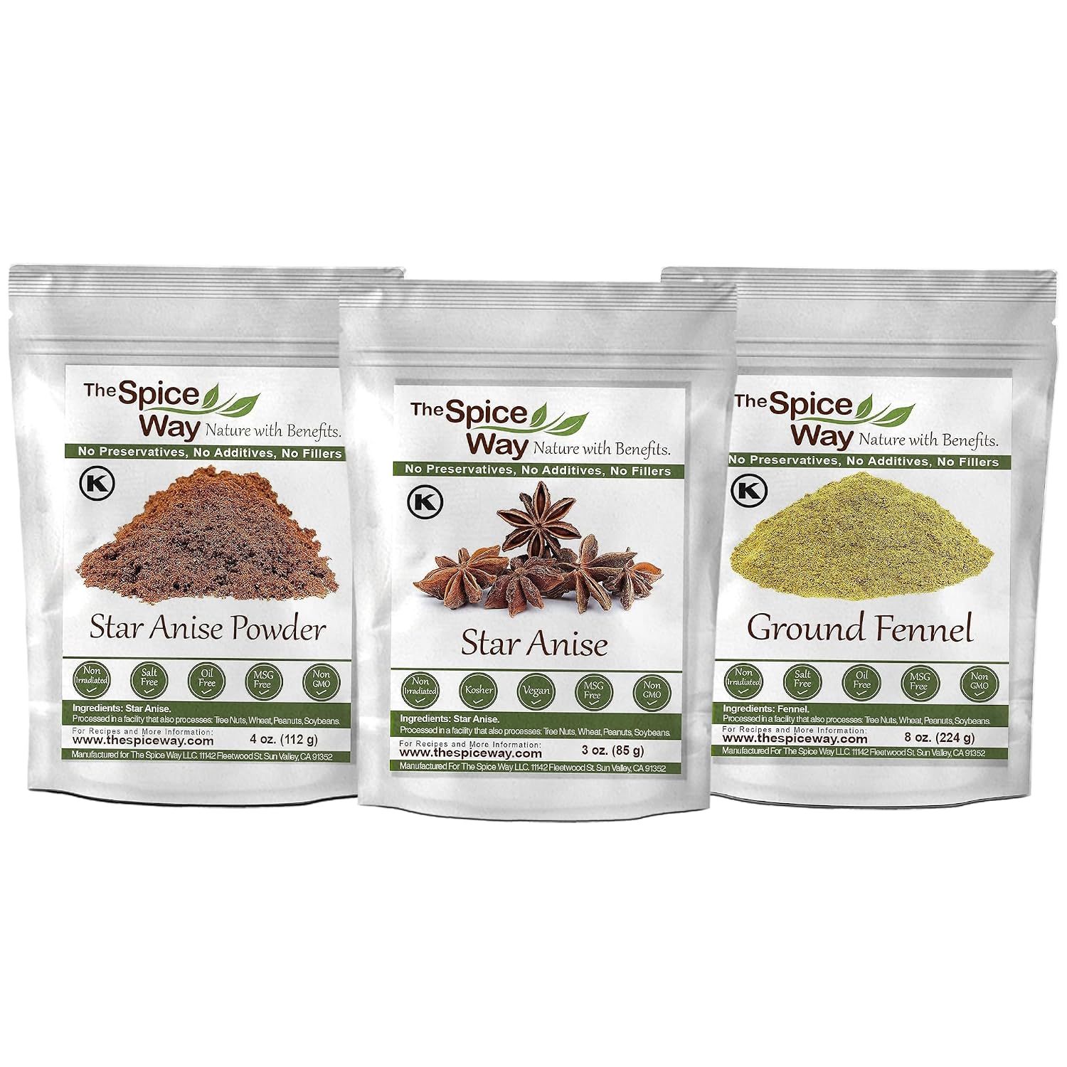 The Spice Way Star Anise 3 oz Fennel Ground 8 oz and Star Anise Ground 4 oz