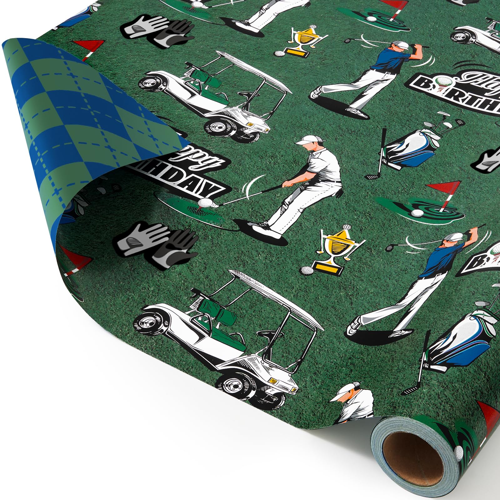 WERNNSAI Golf Wrapping Paper Roll - 1 roll Double-Sided Golf Gift Wrap for Men Dad Grandpa Birthday Wrapping Paper Green and Blue Tartan Plaid Present Wrap for Sports Club Member 43cm x 10m — image 1