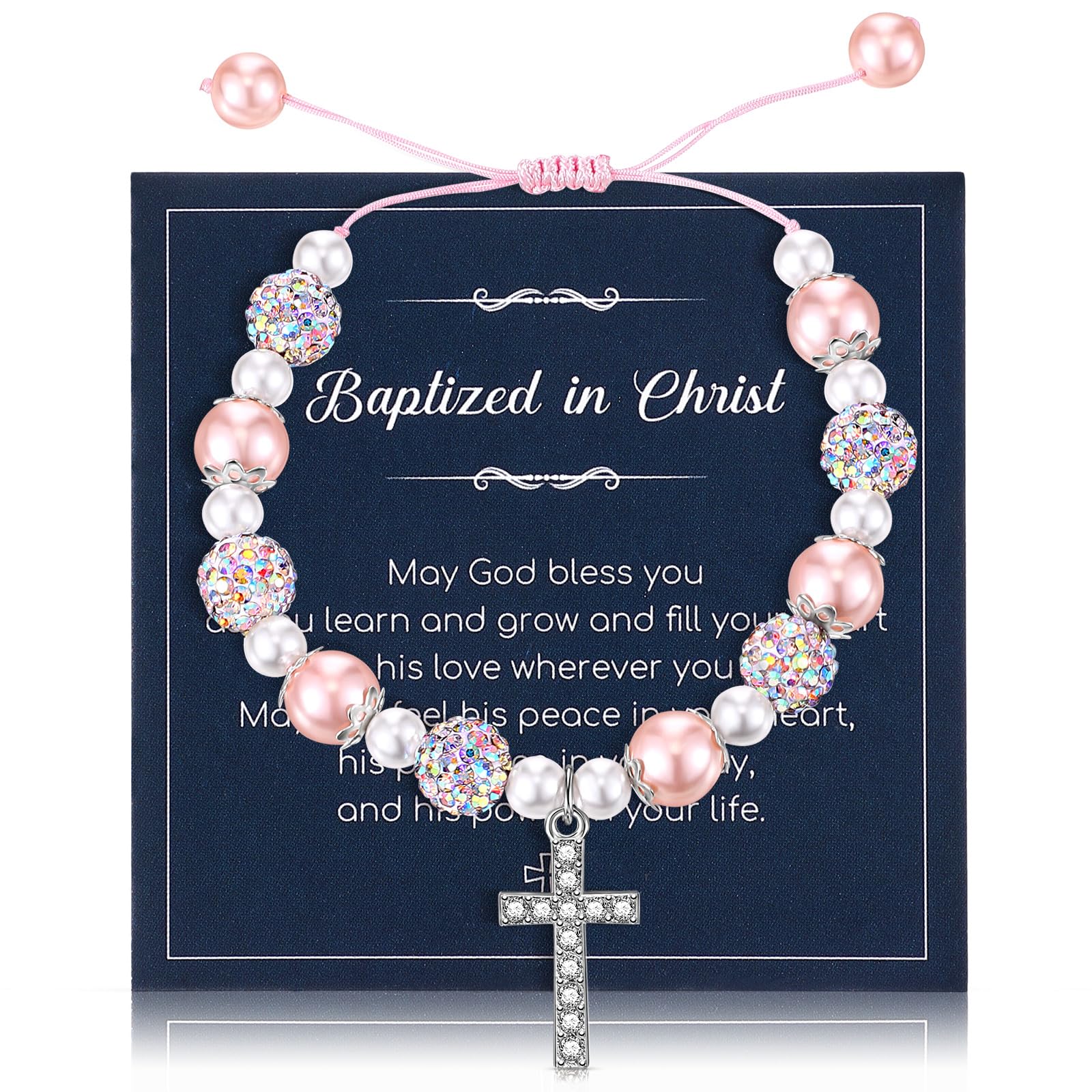 Sinmoe 1 Set First Communion Gifts for Girl Baptism Cross Pearl Bracelet Religious Message Card Soft Velvet Drawstring Storage Bags for Christian Appreciation Wedding Party Anniversary