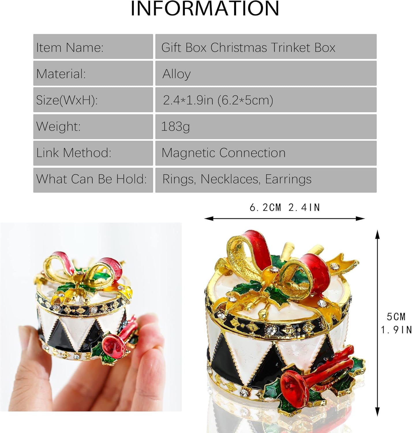 YU FENG 2.4inch Christmas Trinket Ornament Boxes Hinged with Rhinestones Jeweled Bowknot Trumpet Enameled Decorative Jewelry Ring Box Christmas Gift