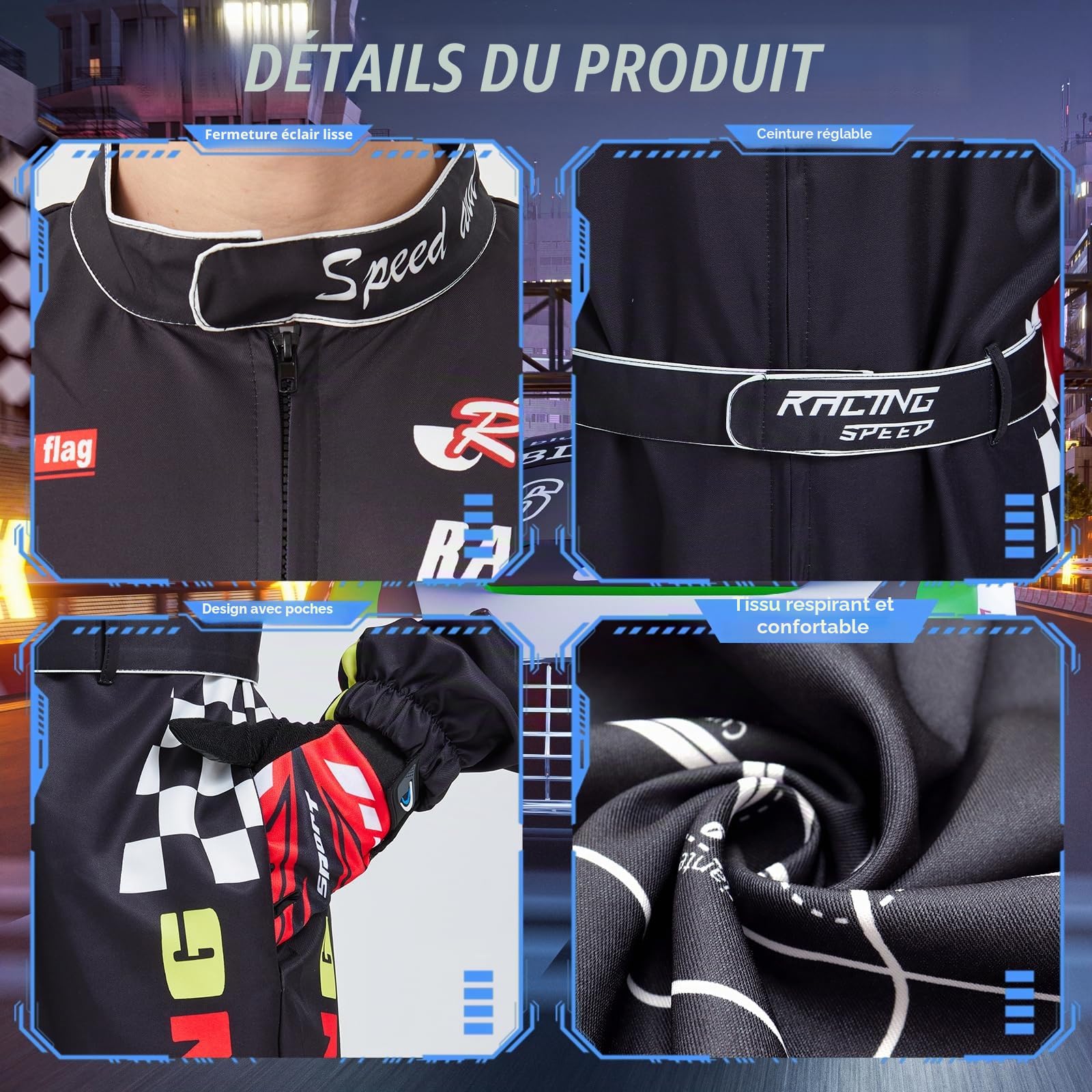 Costume de pilote de voiture de course pour homme et femme – Combinaison avec chapeau, lunettes de soleil, gants – Tenue de coureur d'Halloween pour adulte