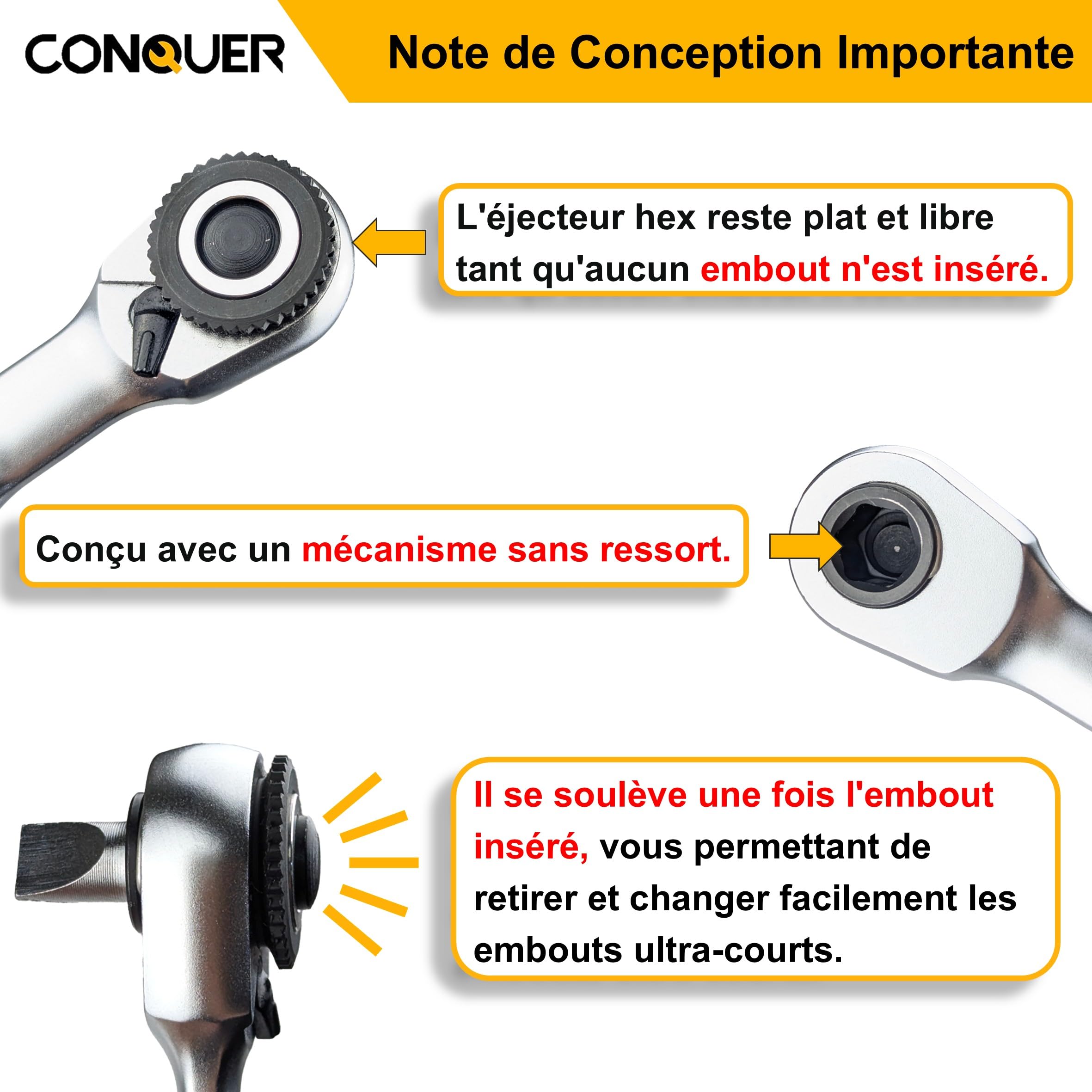 CONQUER Clé à Cliquet 1/4" Mini, Tête Double Ultra-Basse Profil, Résistance au Retour Ultra-Faible 72 Dents 5°, Outil Compact Mécanicien pour Espaces Moteur Étroits, Douilles et Embouts Hex EDC