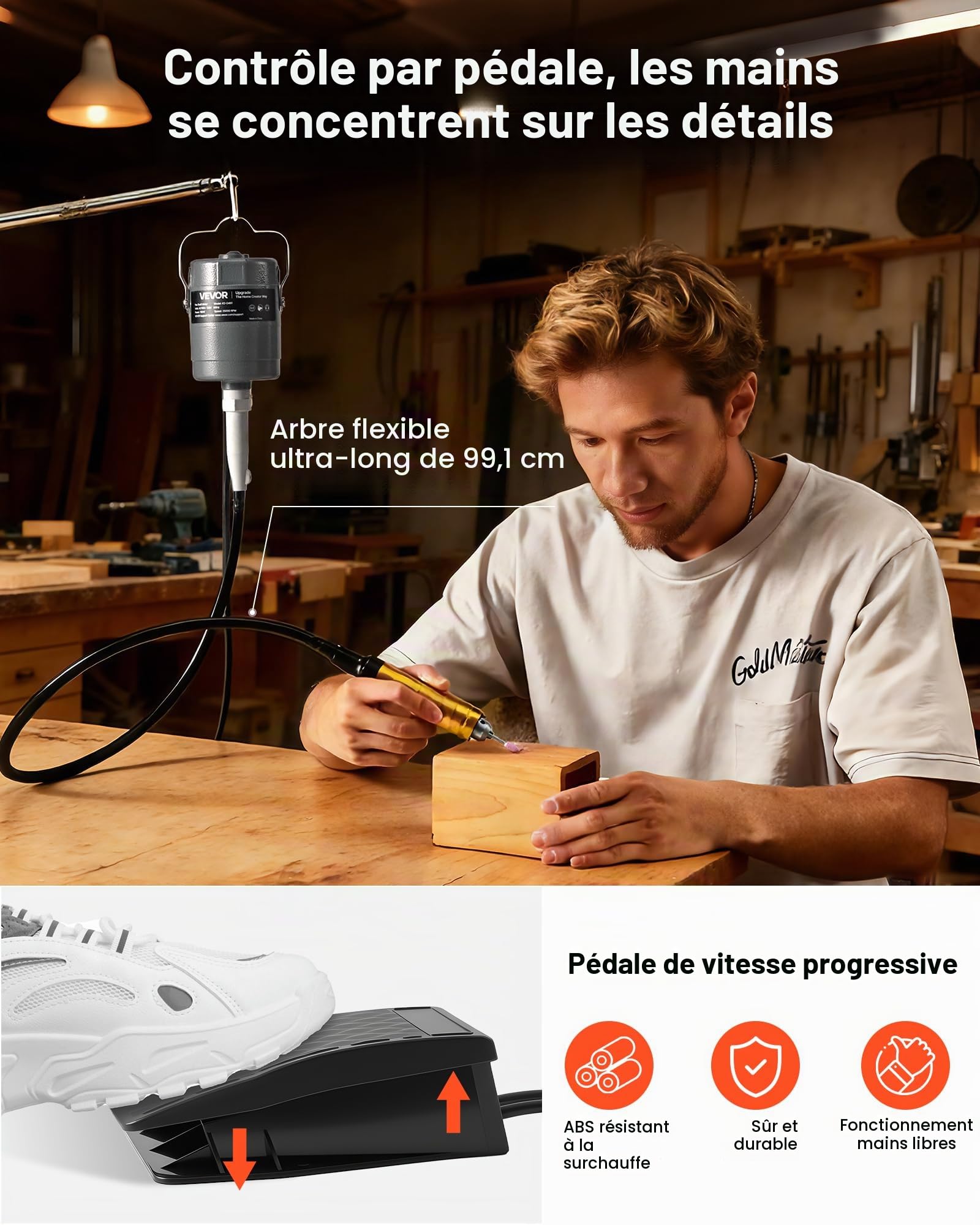 VEVOR Meuleuse Suspendue 780 W Outil Rotatif à Arbre Flexible Suspendu 25000 tr/min pour Ponçage Bois, Polissage Métaux, Perçage Bijoux, Meulage Pierre, Commande au Pied, avec 112 PCS d'Accessoires