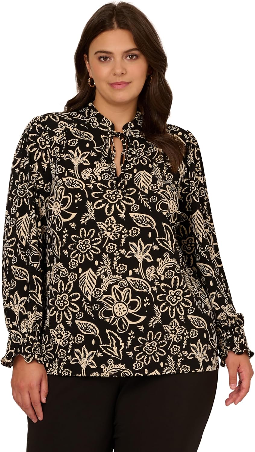 Adrianna Papell Womens Ruffle Tieneck Long Sleeve Top