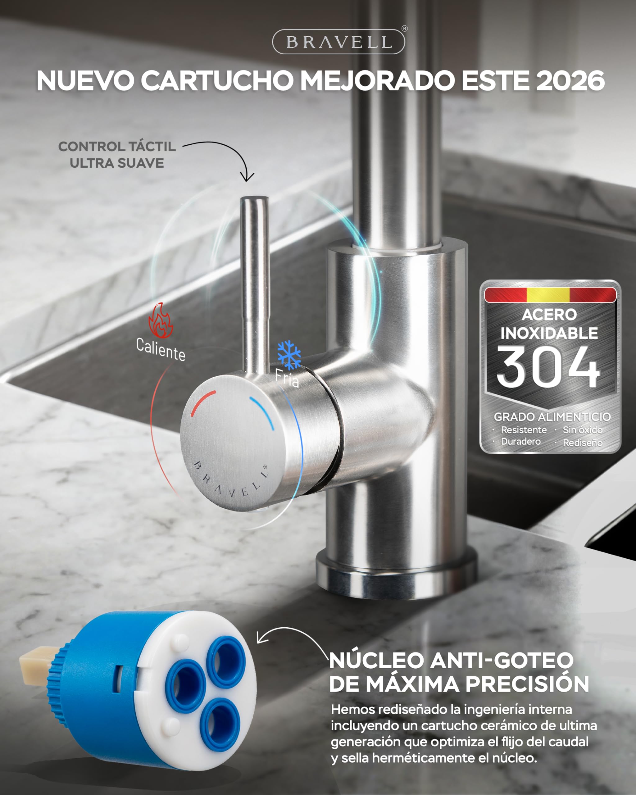 BRAVELL Grifo Cocina Extraible, Grifo Cocina Fregadero con 4 Modos Giratorio 360° Torneira Cozinha Monomando, Acero Inoxidable Mate, Latiguillos 3/8, Instalación Fácil y Completa (Acero mate 304 INOX)
