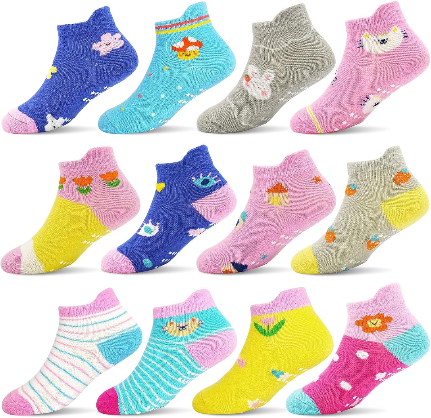 GRPSKCOS Toddler Socks 12 Pairs Non Slip Girls Sock Kids Ankle Socks with Grippers for 1-7 Years Children