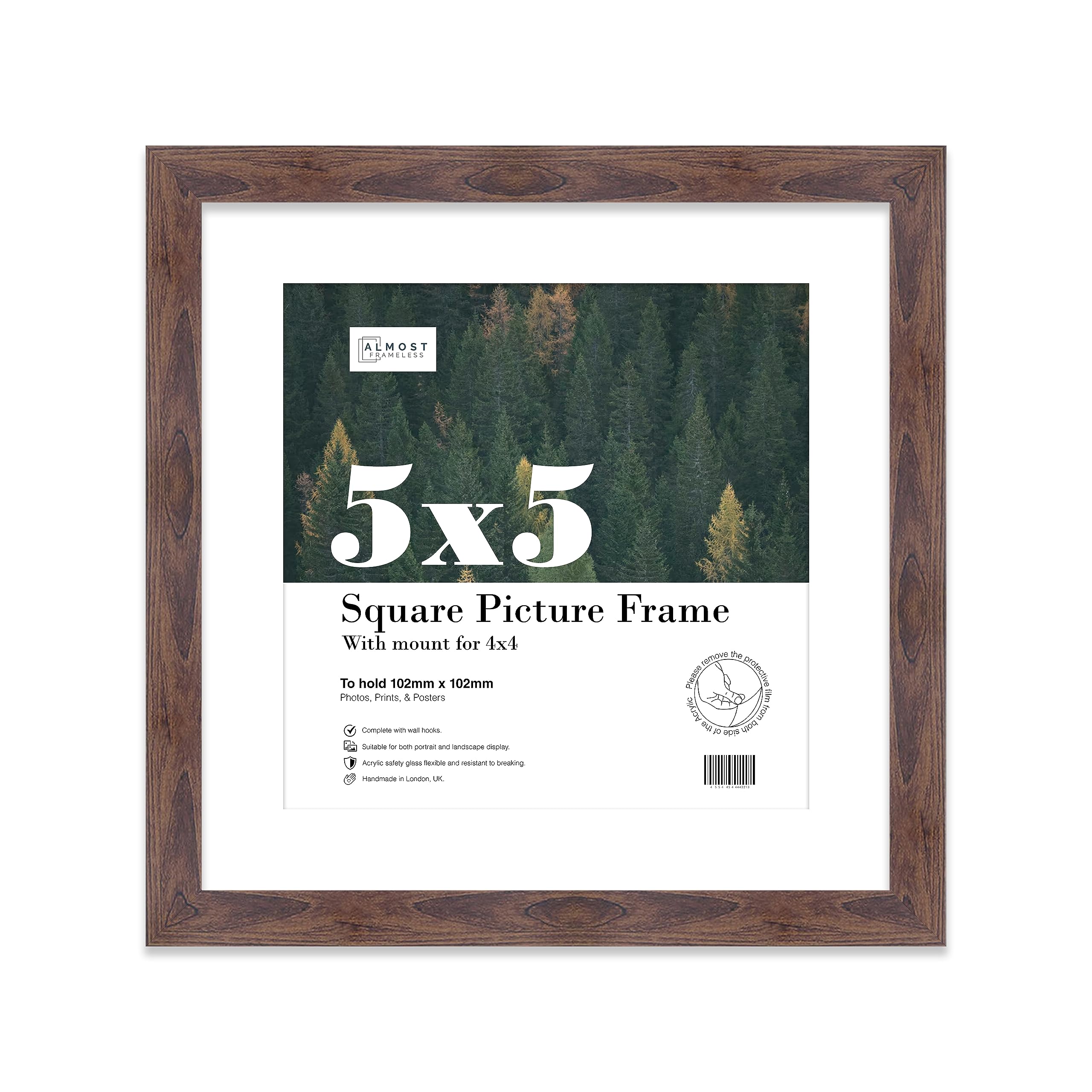 Almost Frameless 5x5 Picture Frame, Display Pictures 4x4 With Mat or 5x5 Without Mat, Wall Hanging & Free Standing Photo Frame, Walnut, 1 Pack
