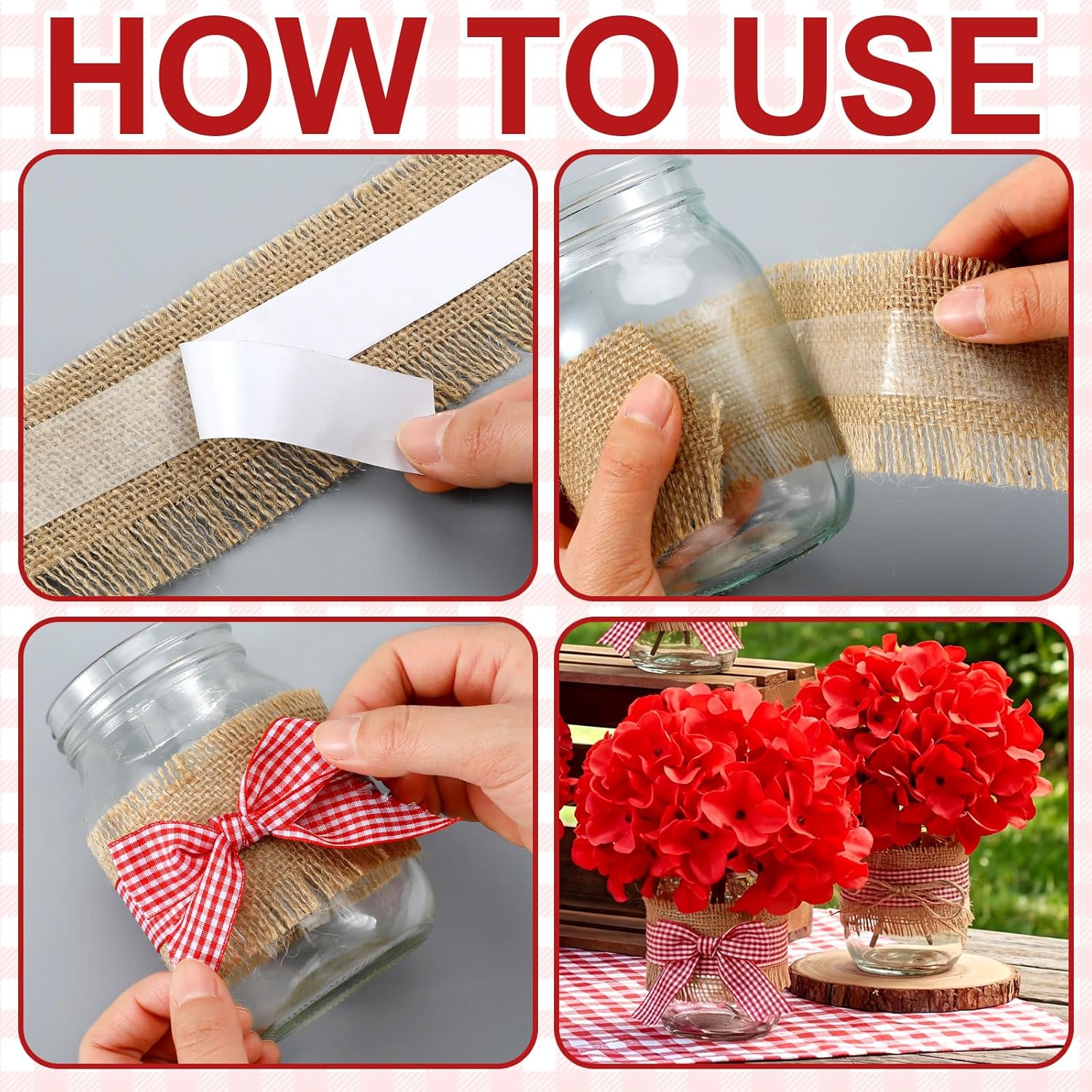 6 Set Picnic Party Centerpieces for Table Mason Jar Table Decor with Artificial Flowers Red Gingham Ribbon for Picnic Birthday Party BBQ Baby Shower Wedding(6,Hydrangea)