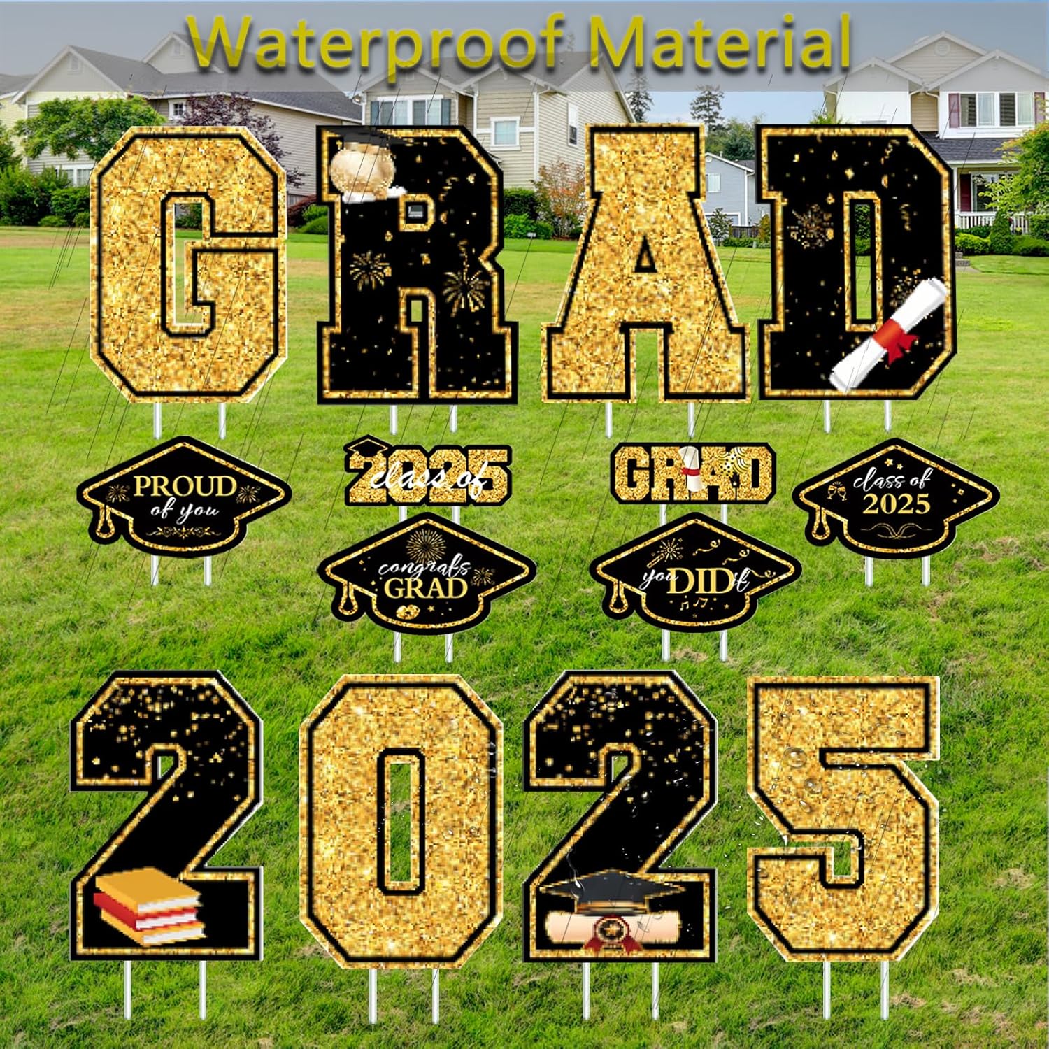Graduation Yard Signs, 14 PCS Congrats Grad Lawn Stakes, Class of 2025 GRAD Yard Signs with Stakes, Graduation Party Decorations for Outdoor School College Party Decor (Black Gold)