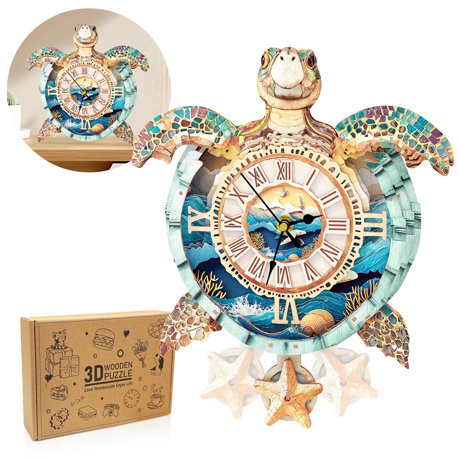 3d Puzzles for Adults-Turtle Clock with Functional Timepiece, 3d Wood Puzzle (10.3 * 12in)