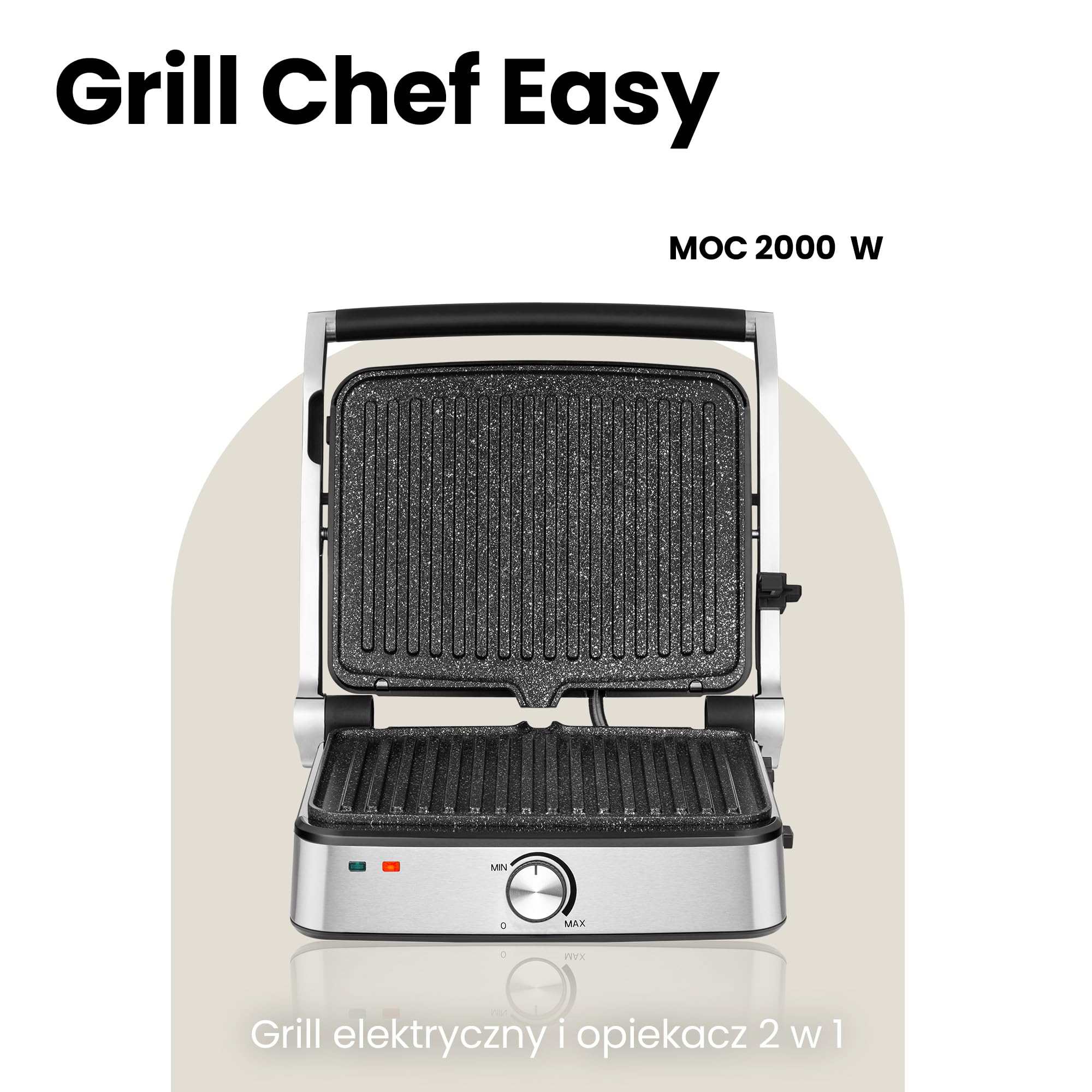 ZEEGMA GRILL CHEF EASY Elektryczny Grill 2 w1 i Opiekacz do Panini Tostów, Moc 2000 W, Nieprzywierająca Płyta Ceramiczna, Regulacja Temperatury i Kąta Nachylenia, Mycie w Zmywarce, 29 x 23.5 cm