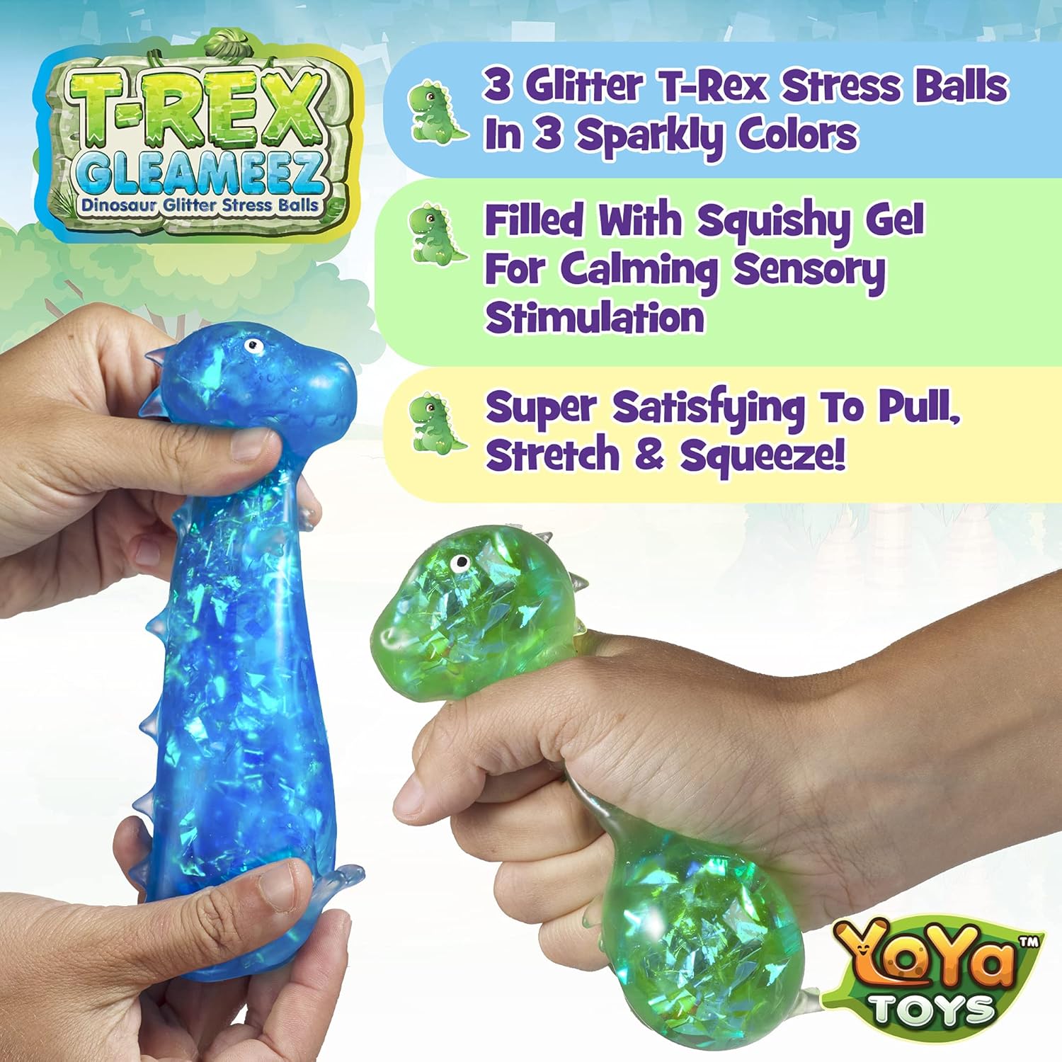 YoYa Toys Gleameez T-Rex Stress Ball Fidget Toy | Glittery Dinosaur Squeeze Toy for Anxiety Relief, Stress, Anger Management, Occupational Therapy | Colorful Squishy Ball for Kids & Adults | 3 Pack