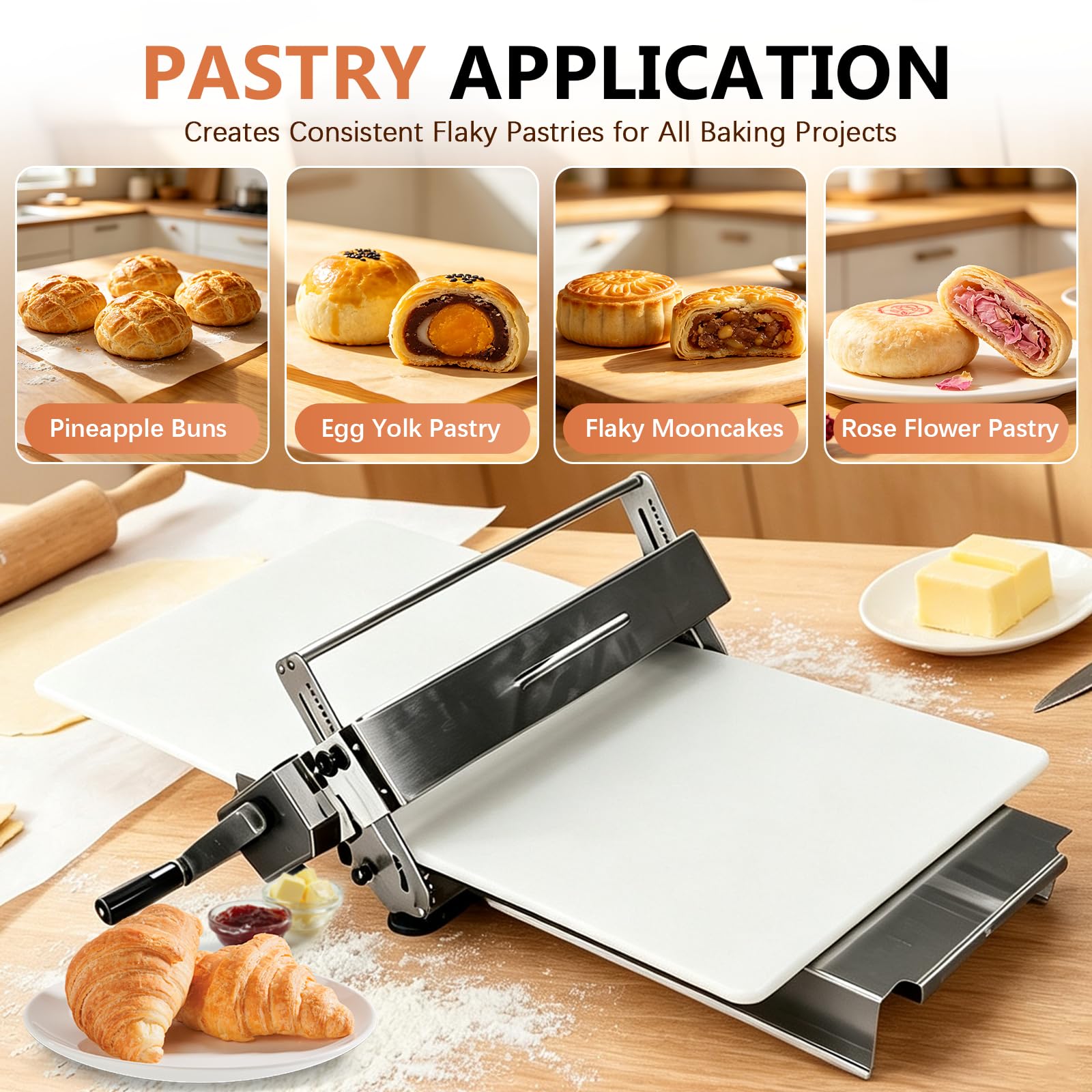 Laminadora de Masa Manual, Máquina Laminadora Masa Plegable de Acero Inoxidable, Grosor Ajustable 0-25 mm, Rodillo de Masas para Panadería Comerciales y Domésticas