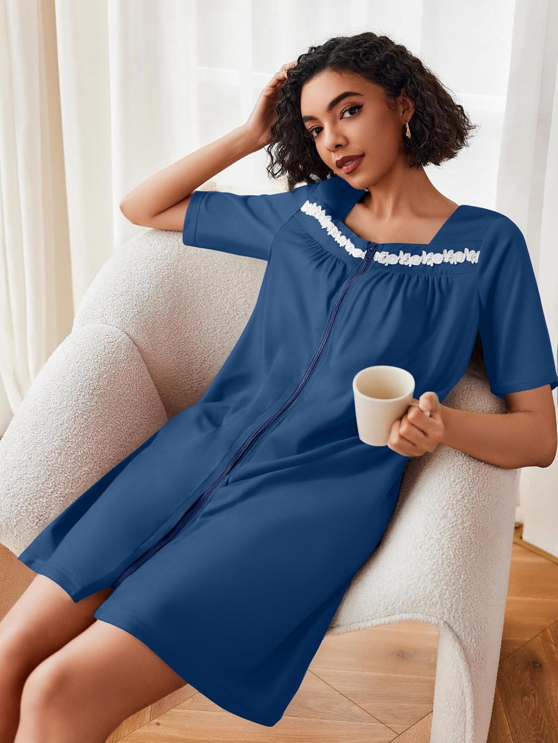 Ekouaer Women Zipper Robe Short Sleeves House Coat Zipper Front Bathrobe Sleepwear with Pockets Housecoat Nightgown - Image 4