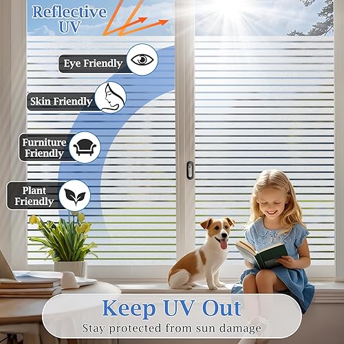 Miniatura 2 de Viseeko Película de privacidad para ventana, película de vidrio no adhesiva, película decorativa para ventana, patrones de rayas para el hogar,