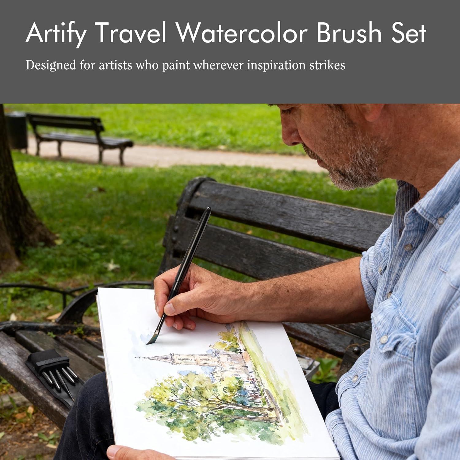 Artify Travel Watercolor Brushes, Outdoor Paint Brushes, Water Color Paint Brush Set with Anti-Rust Polished Metallic Gray Finish, Painting Brushes for Watercolor Gouache Ink - Gift for Artist (6PCS)
