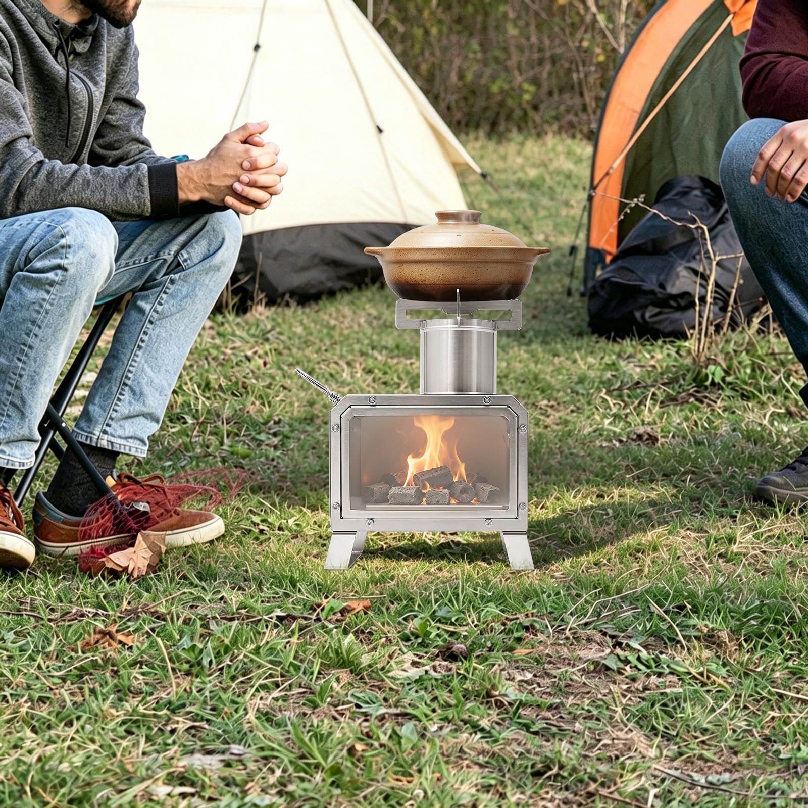Réchaud Bois Camping Portable, Poêle Inox Avec Vitre Feu Visible, Extérieur