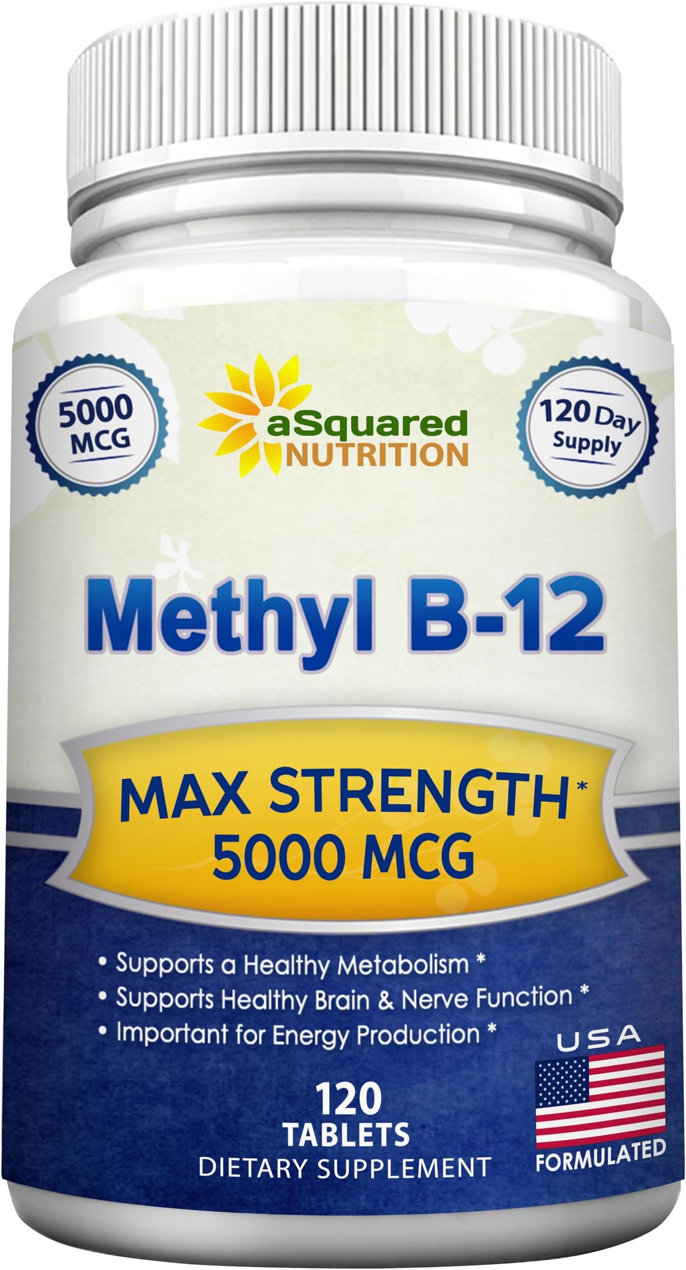 aSquared Nutrition Vitamin B12-5000 MCG Supplement with Methylcobalamin (Methyl B-12) - Max Strength Vitamin B 12 Support to Help Boost Natural Energy, Benefit Brain & Heart Function - 120 Tablets