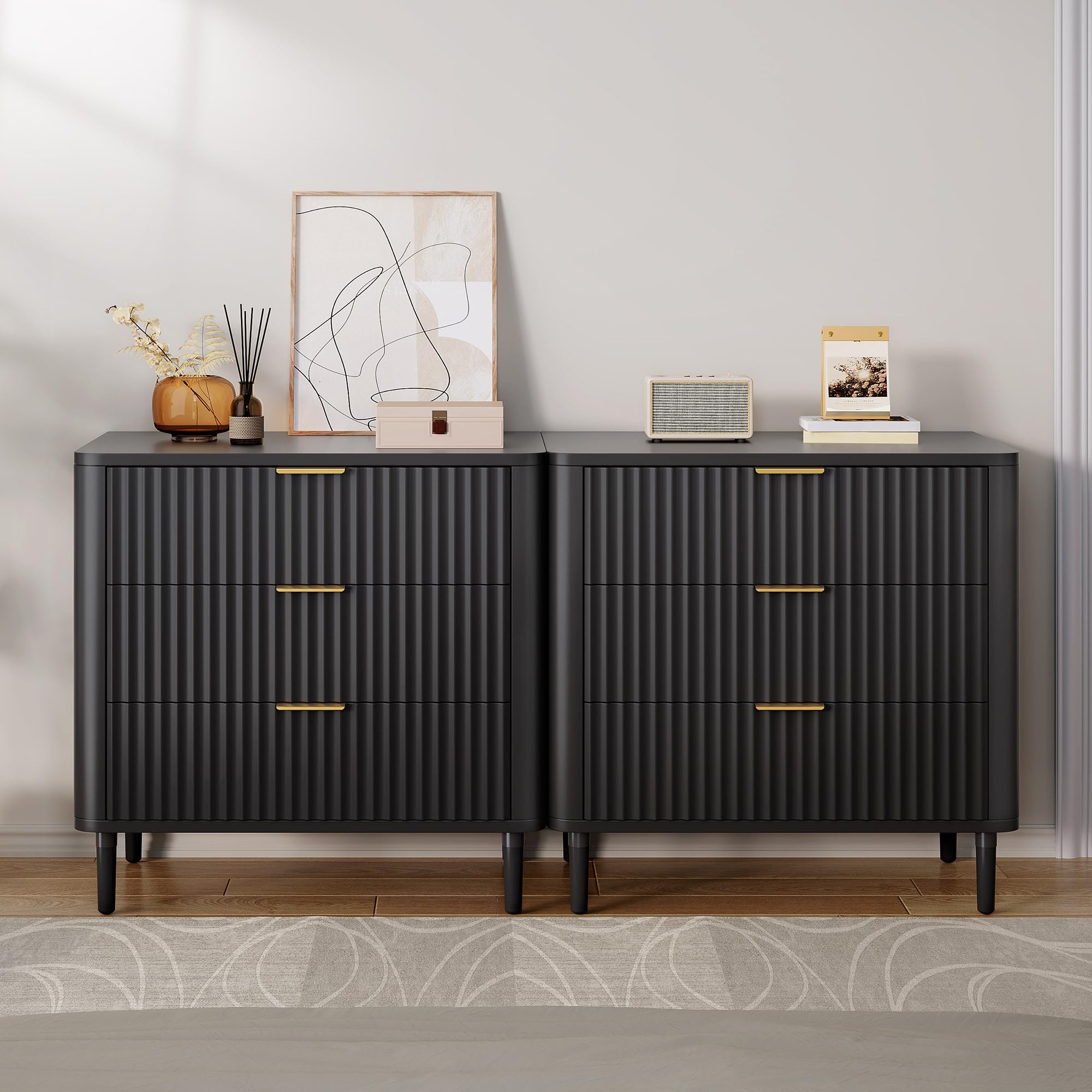 YITAHOME Fluted Nightstand Set of 2, 32.5 Wider Modern Side Table with Solid Wood Legs, Wood 3 Drawer Storage End Table w/Storage for Dorms, Flats, Living Rooms, Hallways, Black