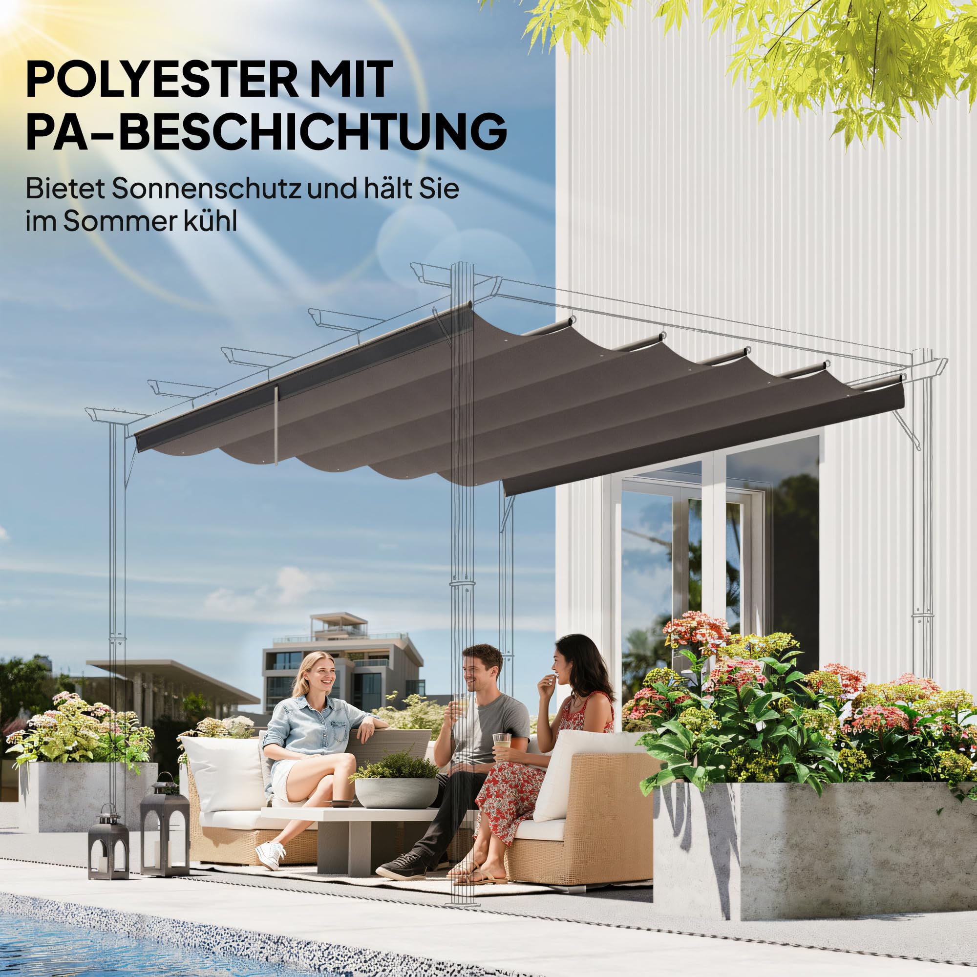 Outsunny Ersatzdach für 4 x 3 m Pergola, wasserdicht einziehbar Welle Überdachung mit Regenabflusslöchern, NUR Schattenabdeckung für Garten, Terrasse, 350 x 260 cm Hellgrau