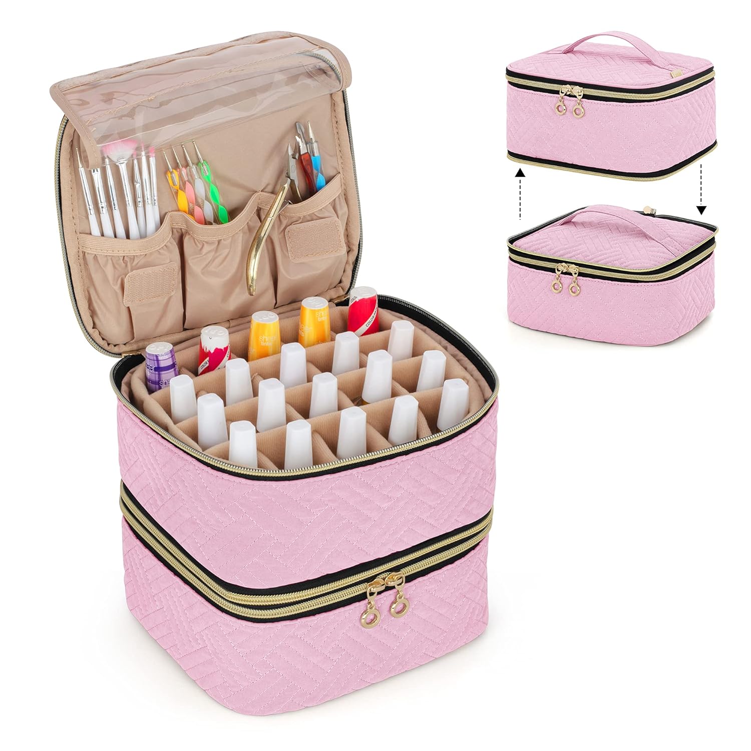 LUXJA Detachable 2 Layers Nail Polish Organizer - Hold 40 Bottles (15ml - 0.5 fl.oz), Nail Polish Case with Tools Storage Pockets (Patented), Pink