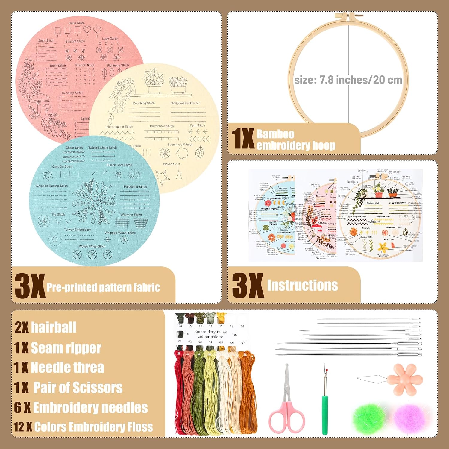 Beginner Embroidery Kit for Adults, 3 Pack with Pre-Printed Patterns, Learn Basic Stitches with Step-by-Step Video Tutorial, Needles & Tools Included, 7.8" Hoop, Floral Garden DIY Craft Gift