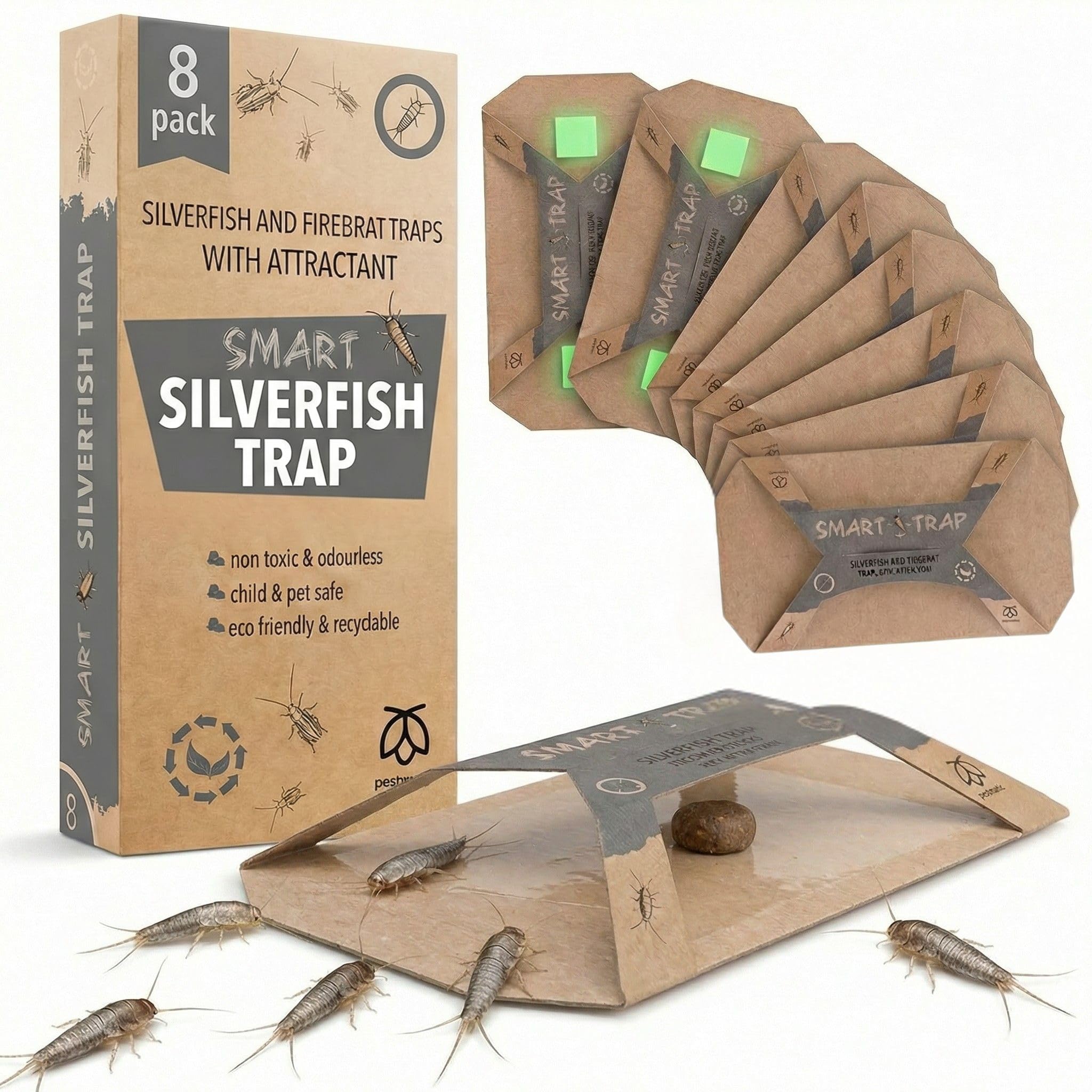 Pestmatic Silverfish Smart Trap – 8 Sticky Traps with Food Bait & Light Attractants – Effective Silverfish Catcher & Firebrat Monitor – Alternative for Silverfish Killer and Repellent