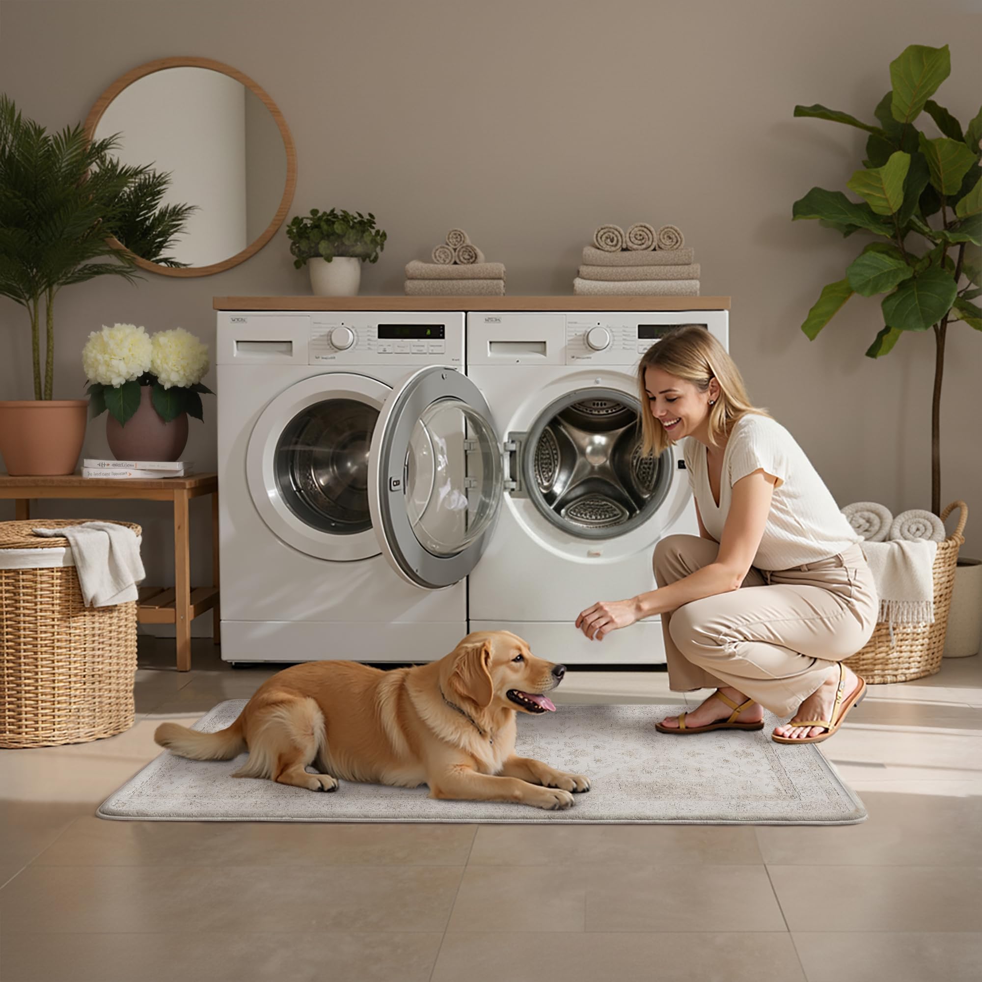 Kitchen Mats 2PCS Anti Fatigue Cushioned Mat Beige Vintage Kitchen Mats for Floor Waterproof Non Slip Comfort Standing Oriental Medallion Rug for Sink Laundry Office 17.3"x47"+17.3"x30" — view 8