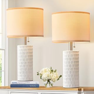 Reaketon 20" Ceramic Bedside Table Lamps Set of 2, Modern Farmhouse Nightstand Lamps for Bedroom, Living Room, White