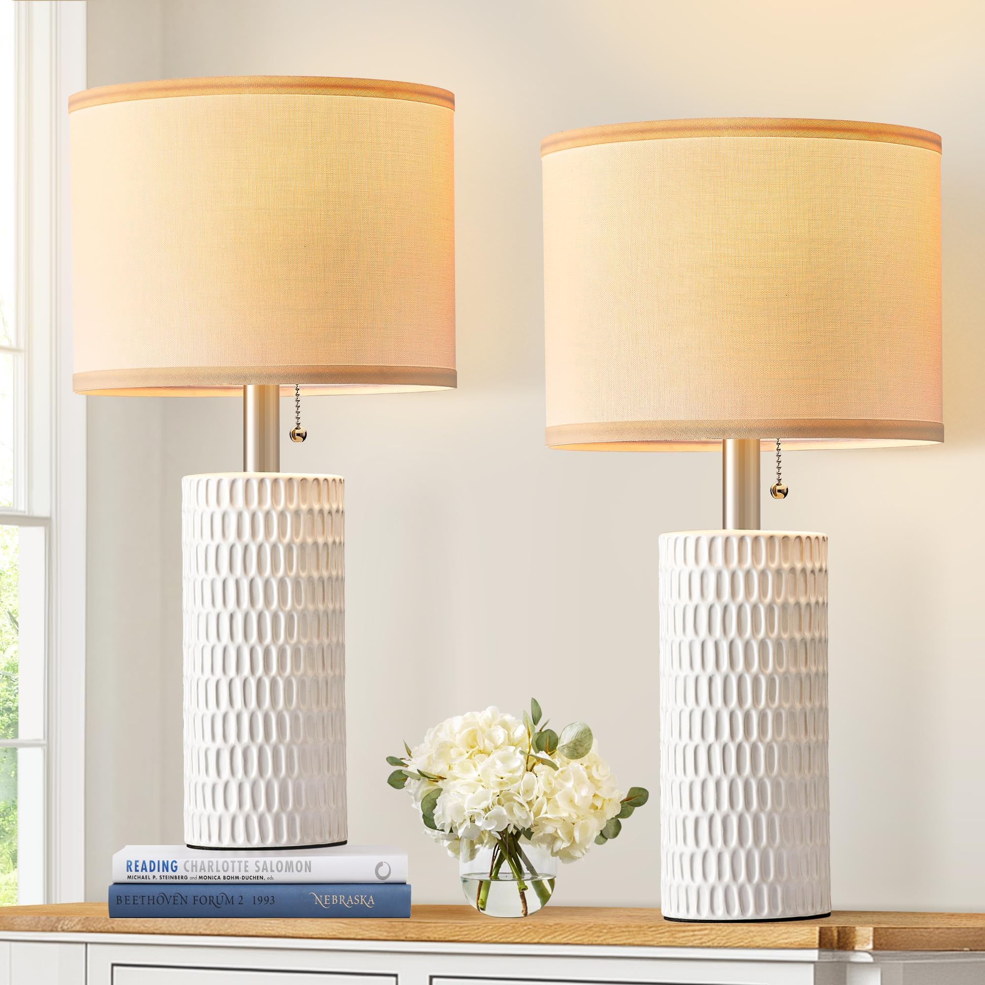 Reaketon Table Lamps for Living Room Set of 2, Ceramic Table Lamps for Bedroom, 20" Modern Lamps for Night Stands, White