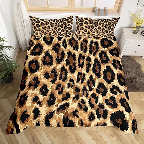 Miniatura 51 de Erosebridal Juego de ropa de cama de guepardo, tamaño King, con estampado de leopardo y rosas azules, funda de edredón con temática de animales