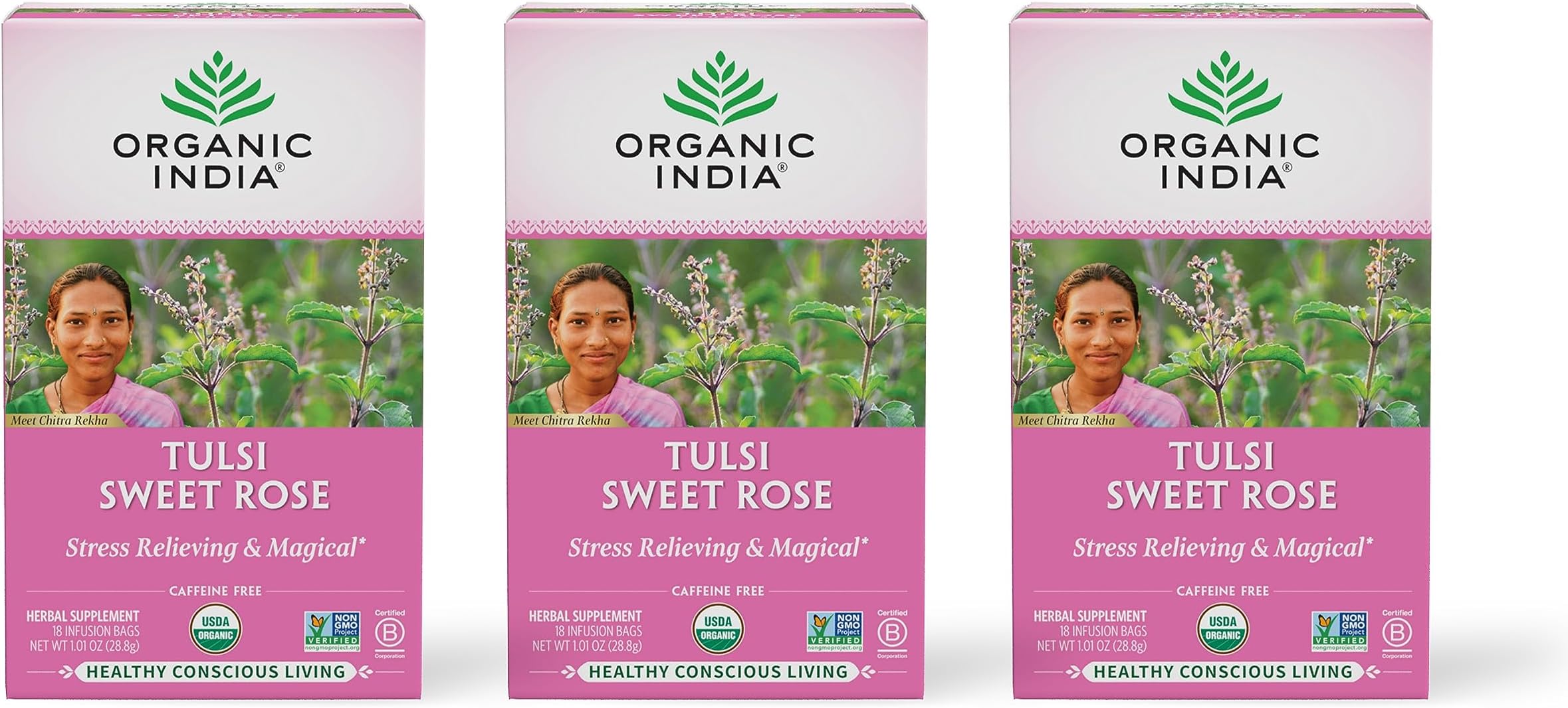 ORGANIC INDIA Tulsi Sweet Rose Herbal Tea - Holy Basil Leaf, African Basil, Chamomile, Lemon Myrtle, Stress Relieving, Caffeine Free - 18 Bags, 3 Pack