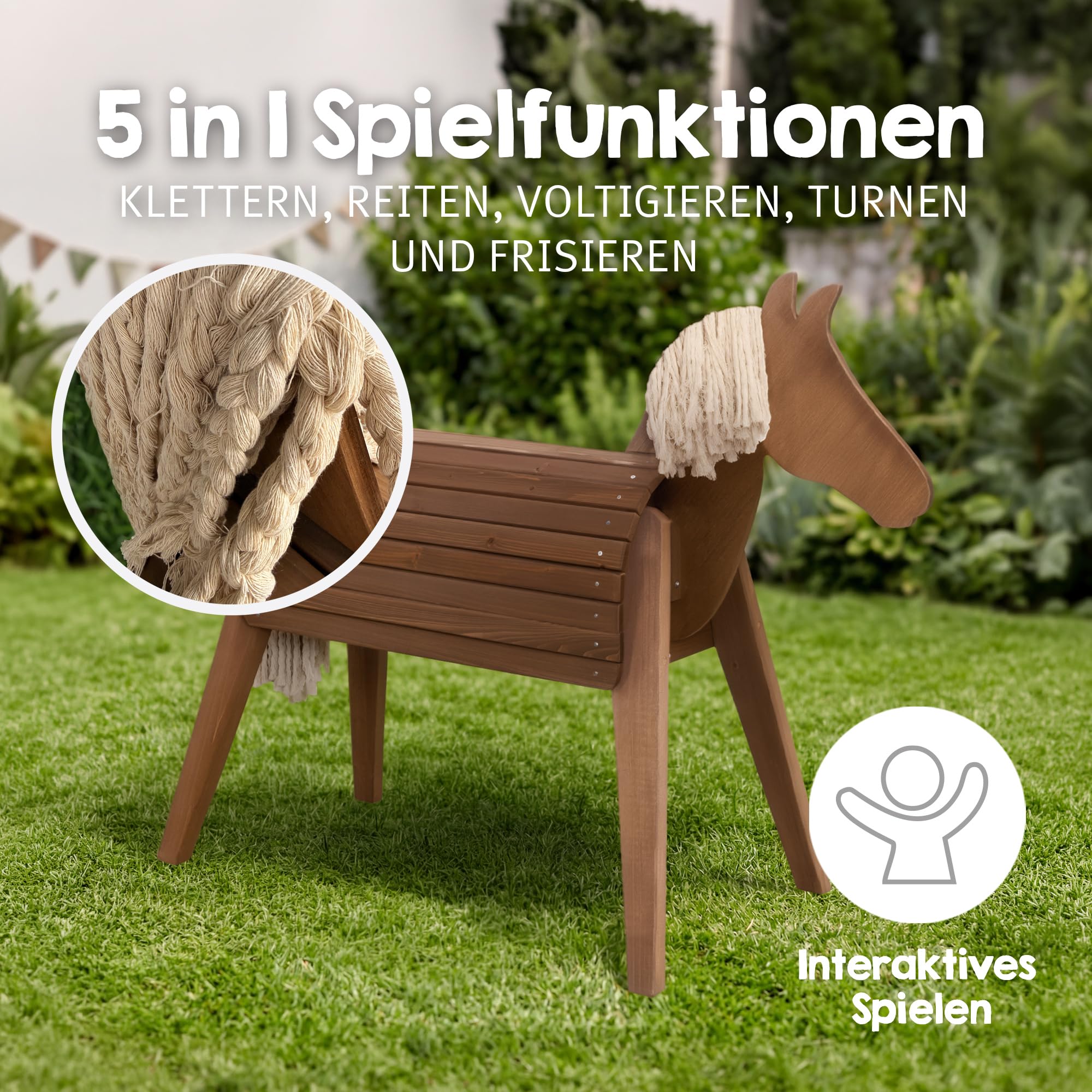 roba Cheval d’extérieur en bois massif - Cheval en bois résistant aux intempéries pour le jardin - Cheval de voltige pour monter, grimper et faire de la gymnastique - En bois durable - Lasuré teck | Jouet en bois durable