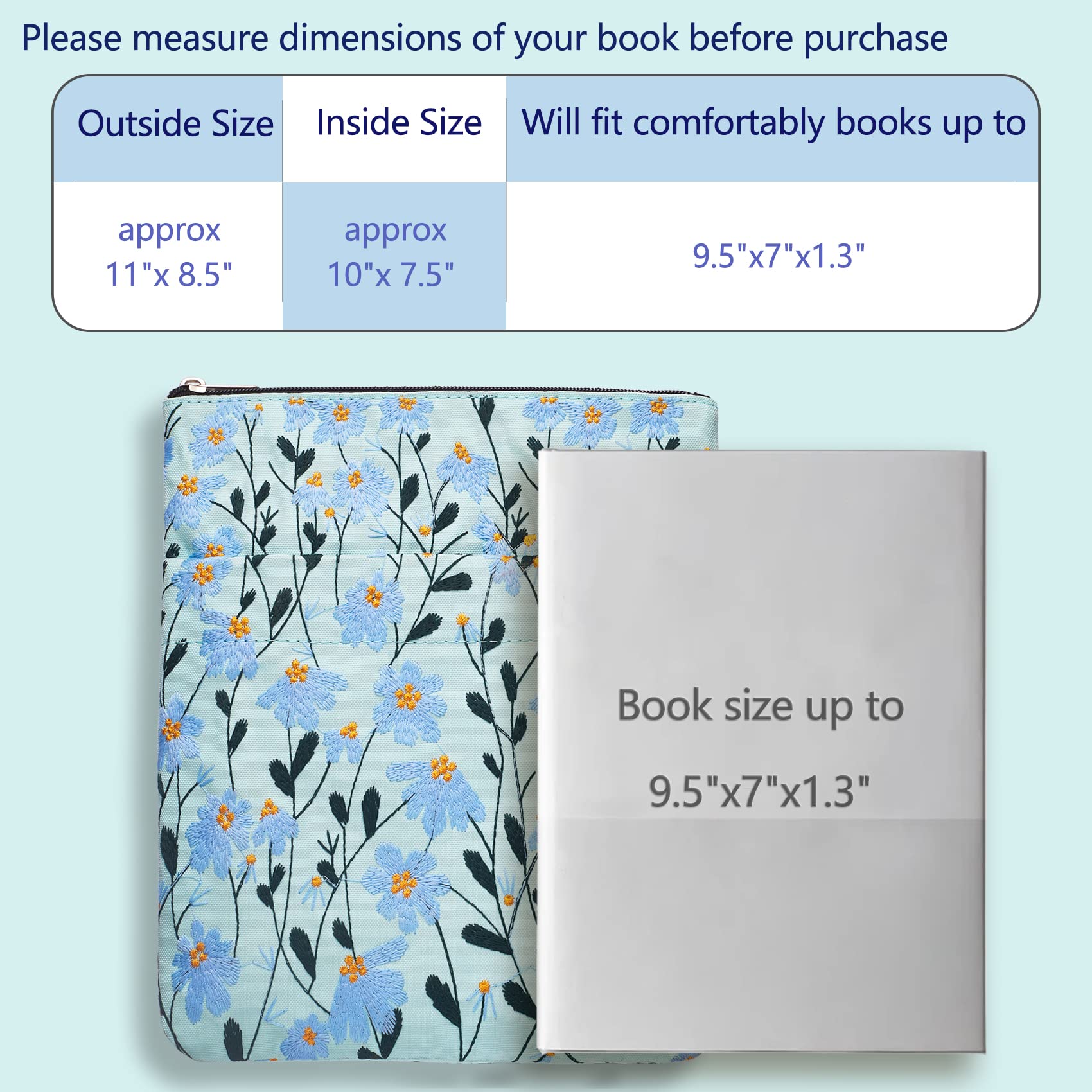 LParkin Daisy Flower Embroidery Book Sleeve with Zipper for Readers Protector Cover Gift for Book Lovers 11x 8.5 Inch Washable Fabric - Image 3