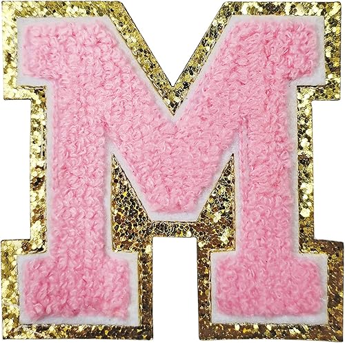 Zogify Parches de letras para planchar con purpurina dorada y felpilla rosa, 3 piezas de parches de iniciales universitarias, parche con adhesivo
