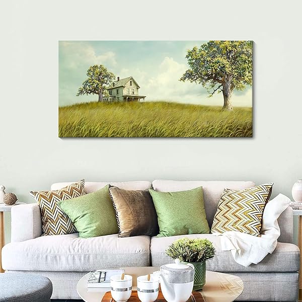 YCPRIMER Canvas Wall Art - Village Landscape Decor Retro Farmhouse Picture Yellow Tree Grassland Painting Artwork for Dinning Room,Living Room,Kitchen Decoration Size 2448Inch