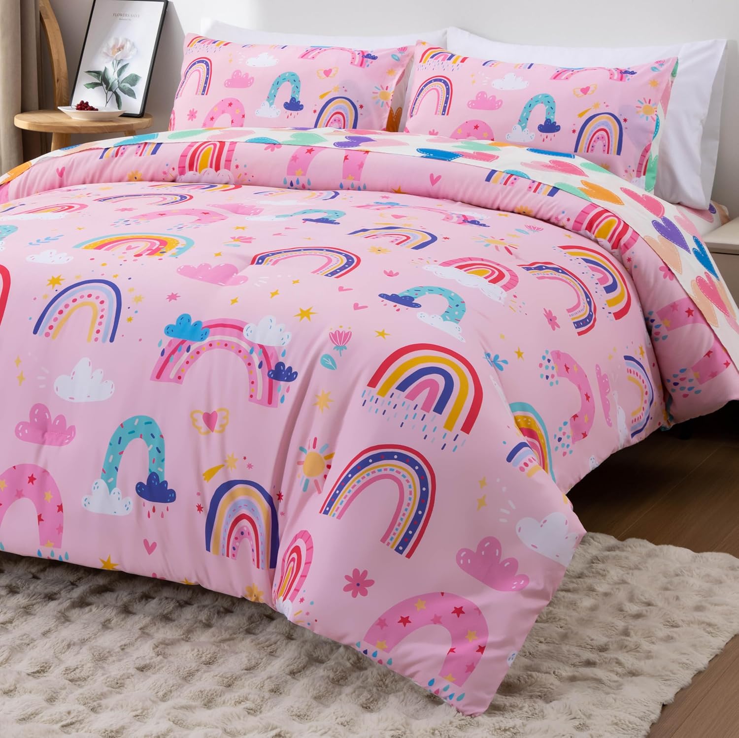 Btargot Lightweight Soft 3 Piece Rainbow Comforter Set with 2 Pillow Covers, Cartoon Love Hearts Suns and Stars Bedding Set for Girls Boys Kids, Twin Light Pink