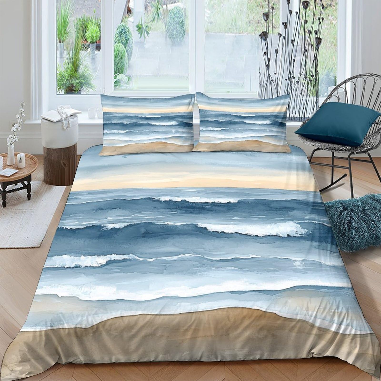 Ctjqhvkz Style-1 3D Printed Ocean Wave Fitted Sheet Microfiber Soft Breathable Watercolor Beach Mattress Cover For Bedroom Guest Room Decor Single（135X200cm）