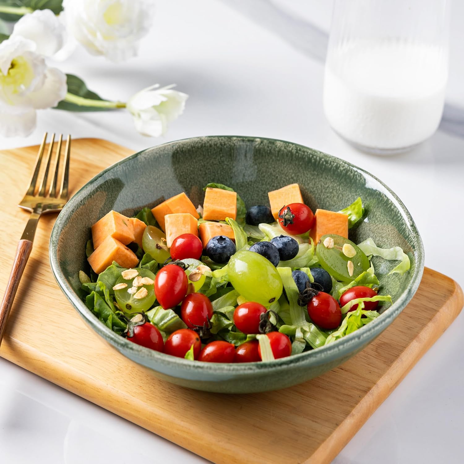 AmorArc Ceramic Cereal Bowls Set of 6, 24 oz Handmade Stoneware Bowls for Cereal Soup Salad Bread, Stylish Kitchen Bowls for Meal, Dishwasher & Microwave Safe-Jade Green