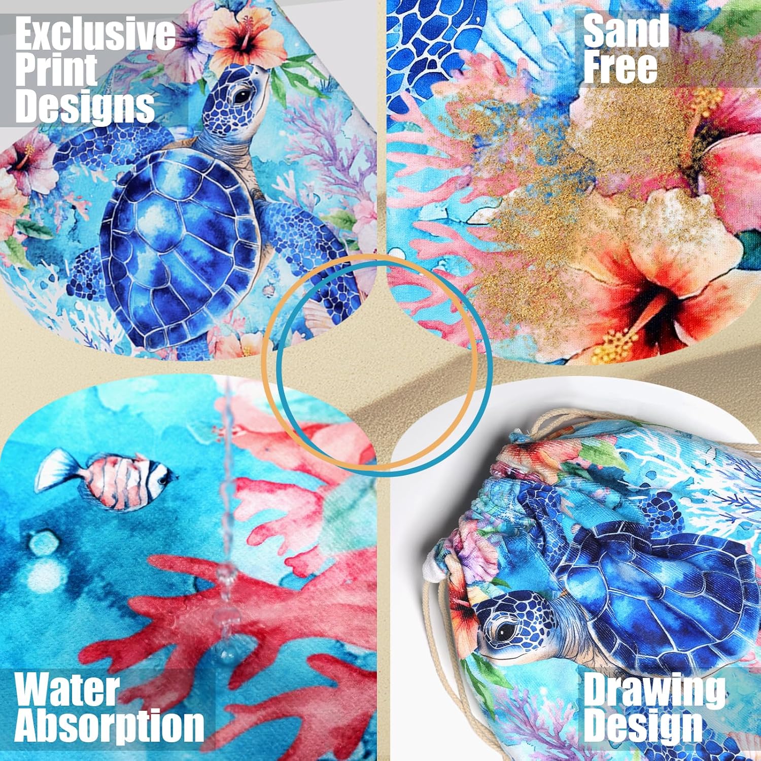 Sea Turtle Beach Towel Bag - Summer Multi-Functional Microfiber Beach Blanket Flower Printed Drawstring Bag for Travel
