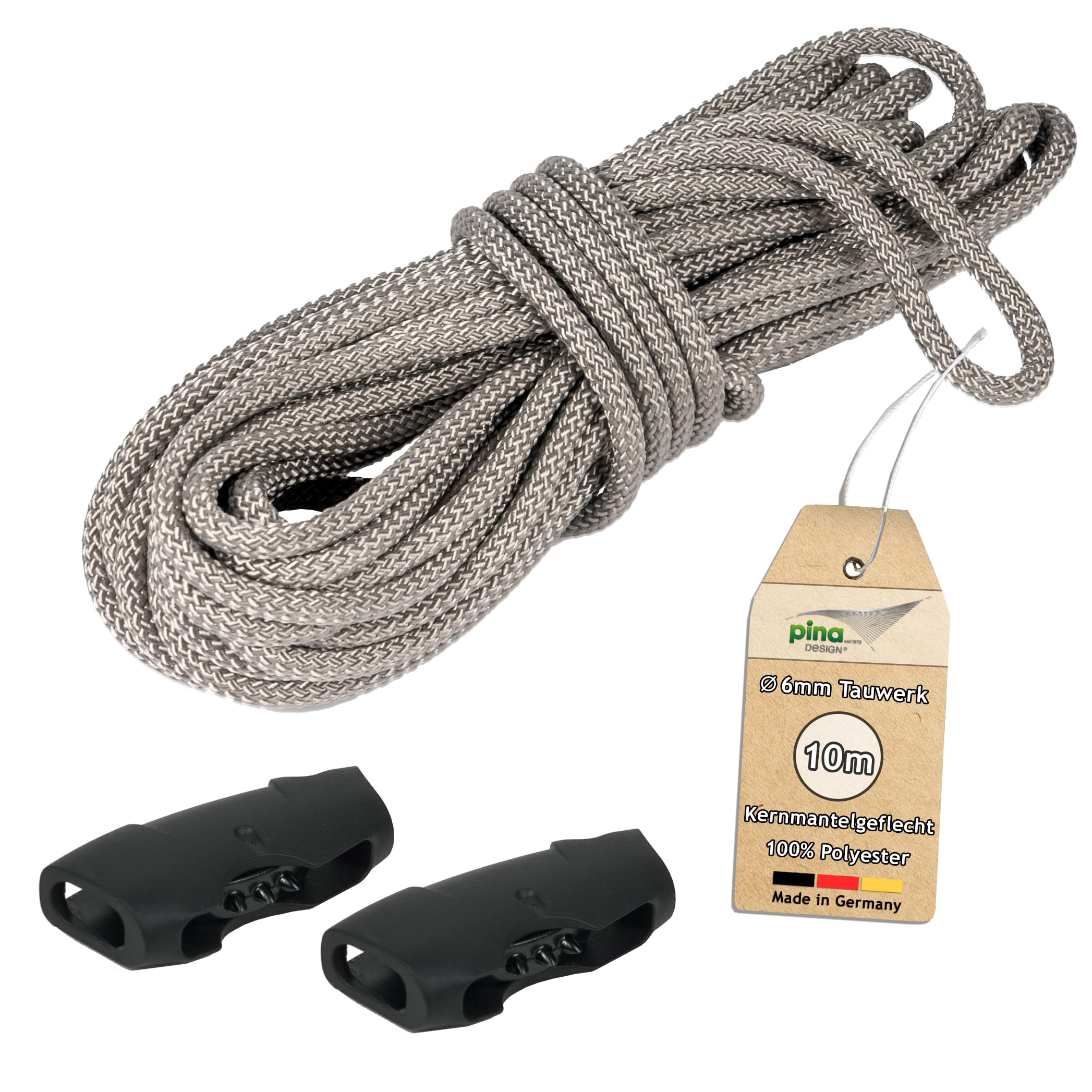 10m Tauwerk, Ø 6mm Seil für Sonnensegel aus Polyester Silber-grau | für Flaschenzug, Umlenkrolle, Seilzug & Boote, 800kg Reißlast & Bruchlast 1050 daN (Tauwerk + 2 Seilklemmen)