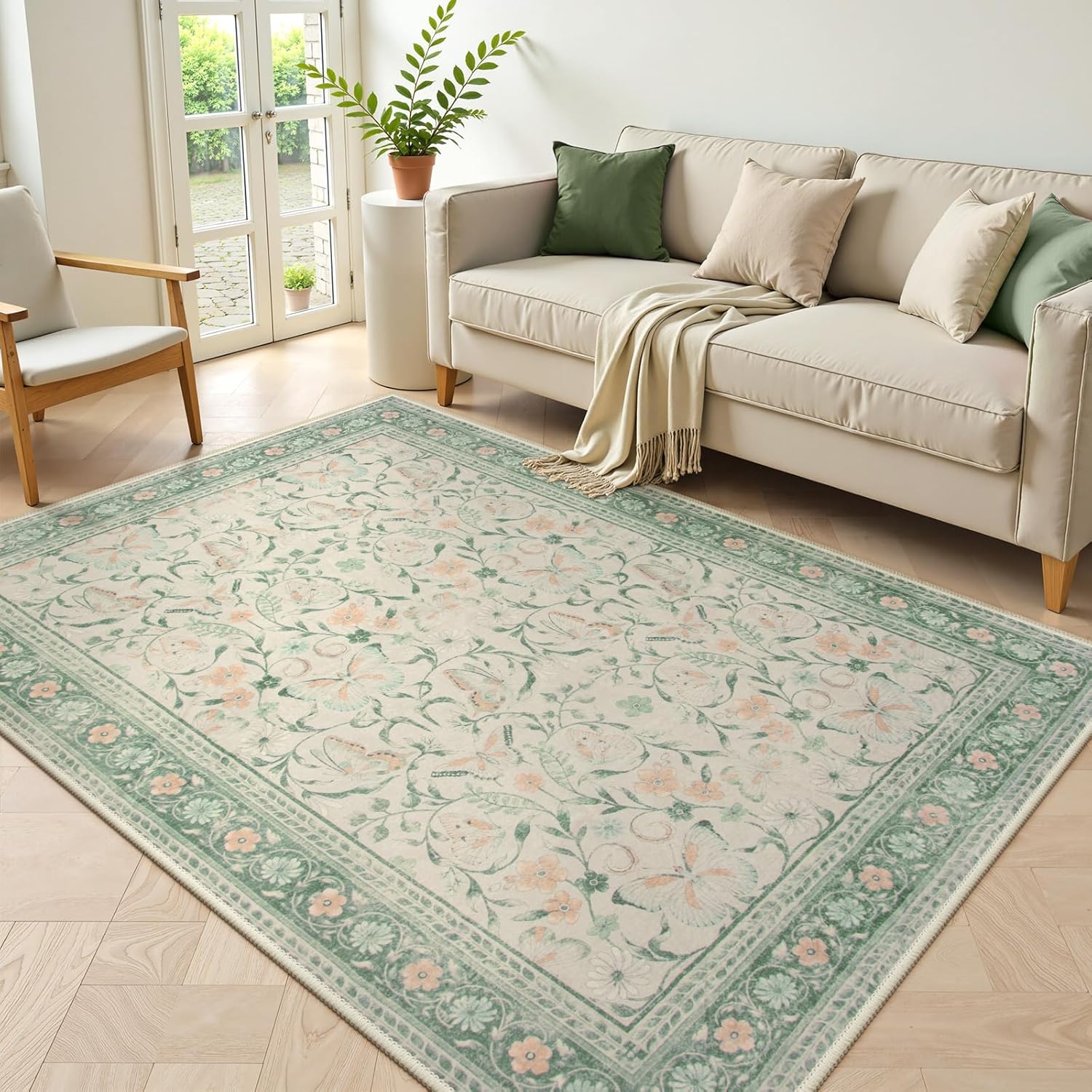 Beeiva Boho Washable 5x7 Area Rugs for Bedroom, Soft Living Room Green Rugs Non-Slip with Low-Pile, Butterfly Floral Ultra-Thin Carpet for Nursery Dining Room Bedroom Indoor Spaces (Green,5'x7')