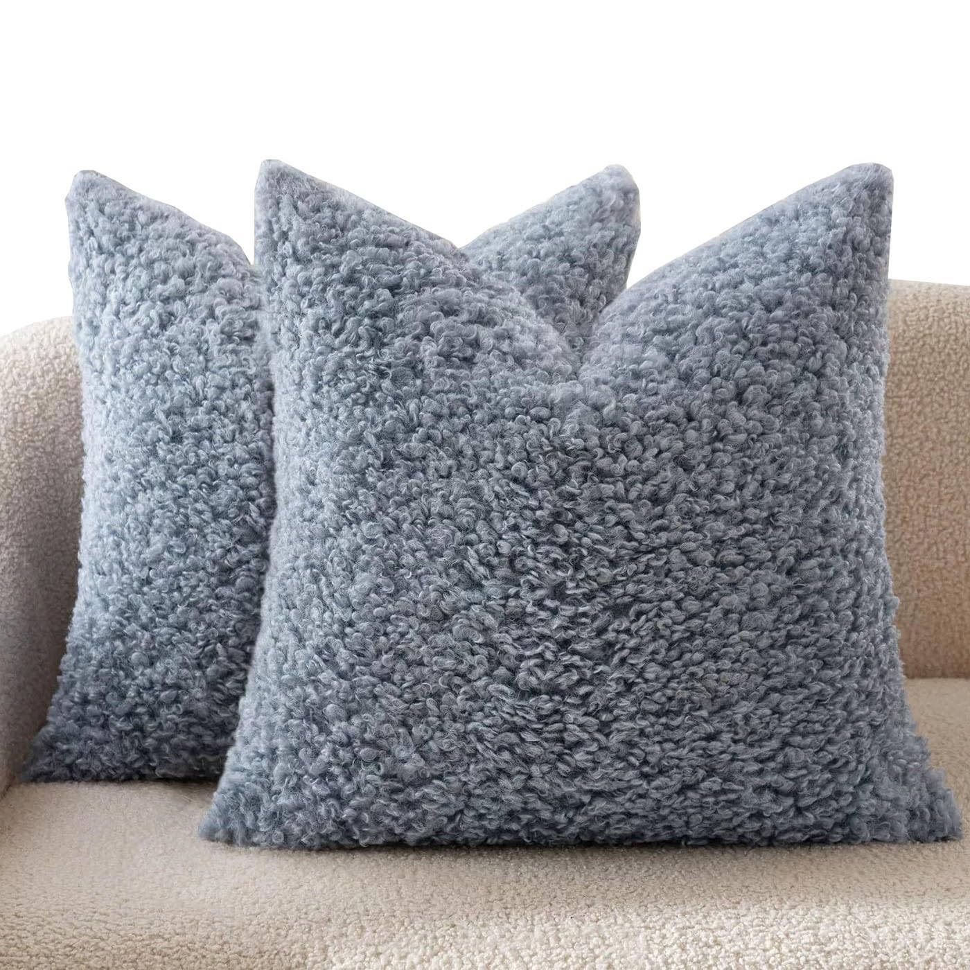 Teddy Fleece Cushion Covers Pack Of 2，Fluffy Soft Throw Pillow Cases,Plush Pillow Case For Protector Sofa Couch Bedroom Car Home Decorative Pillowcases With Zipper(Grey-blue,50x50 cm Set of 2)