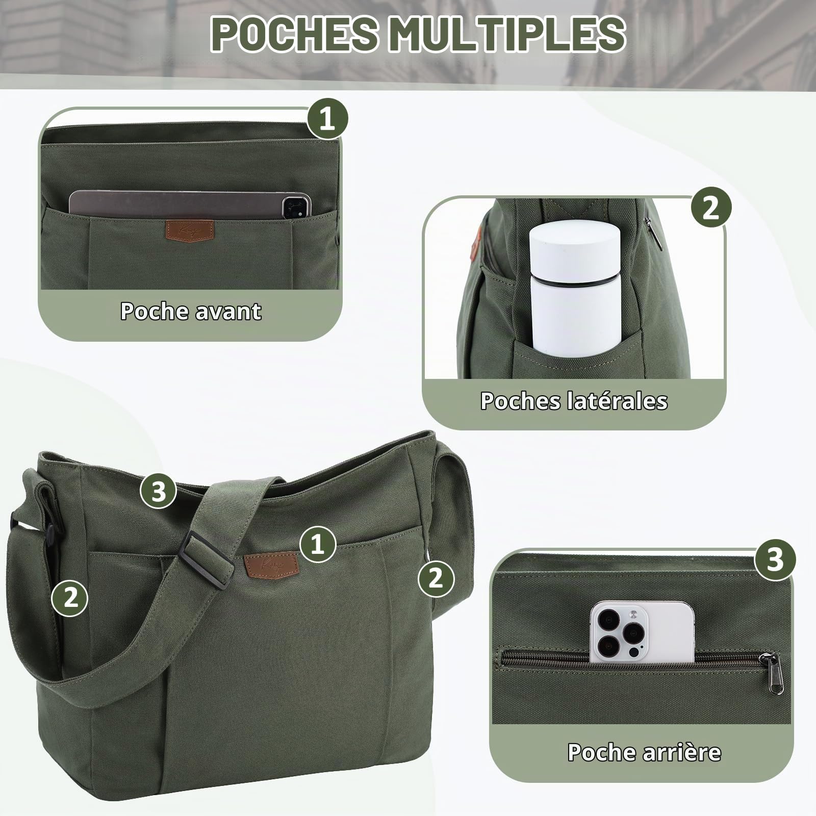 Sac Bandoulière Homme Femme, Multi-poches Léger Sac à Main Femme Bandoulière en Toile 14 Pouces Sac Besace Sacoche Cartable avec Poches latérales pour Travail École Voyage